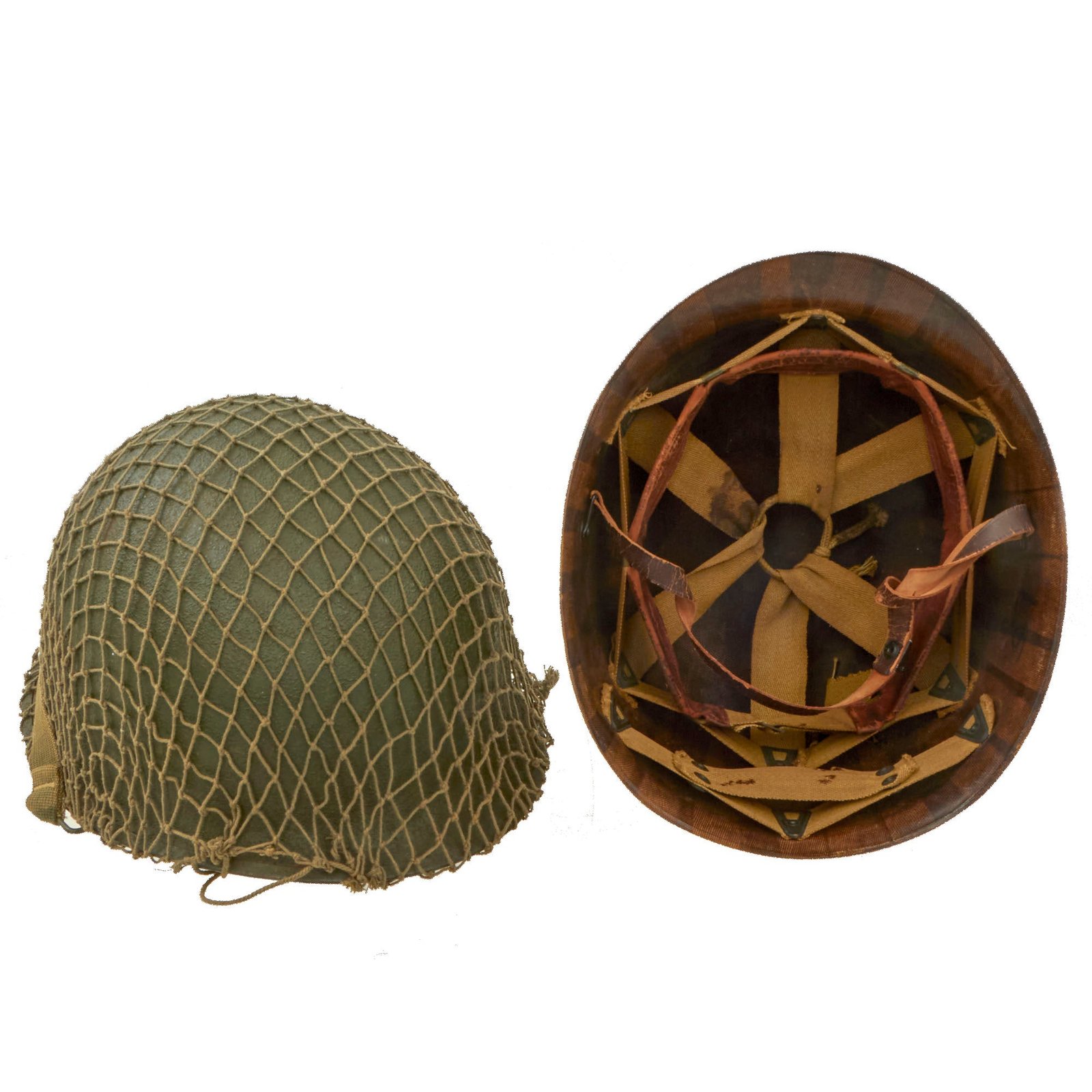 Original U.S. WWII 1945 M1 Schlueter Front Seam Swivel Bale Helmet with Helmet Net and International Molded Plastics Liner