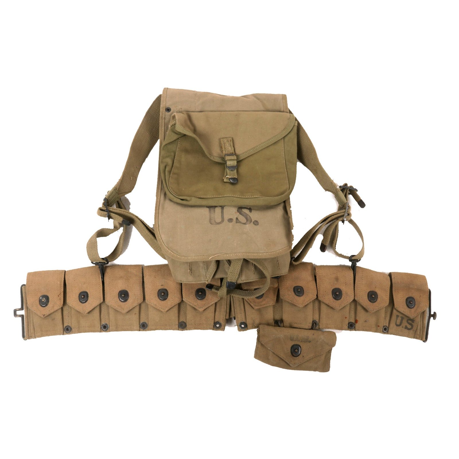 Buy Original U.S. WWII Rifleman Equipment Lot: M-1923 Cartridge Belt, M-1929 Pack, & M1942 1st Aid Pouch | Original Firearms Antique For Sale