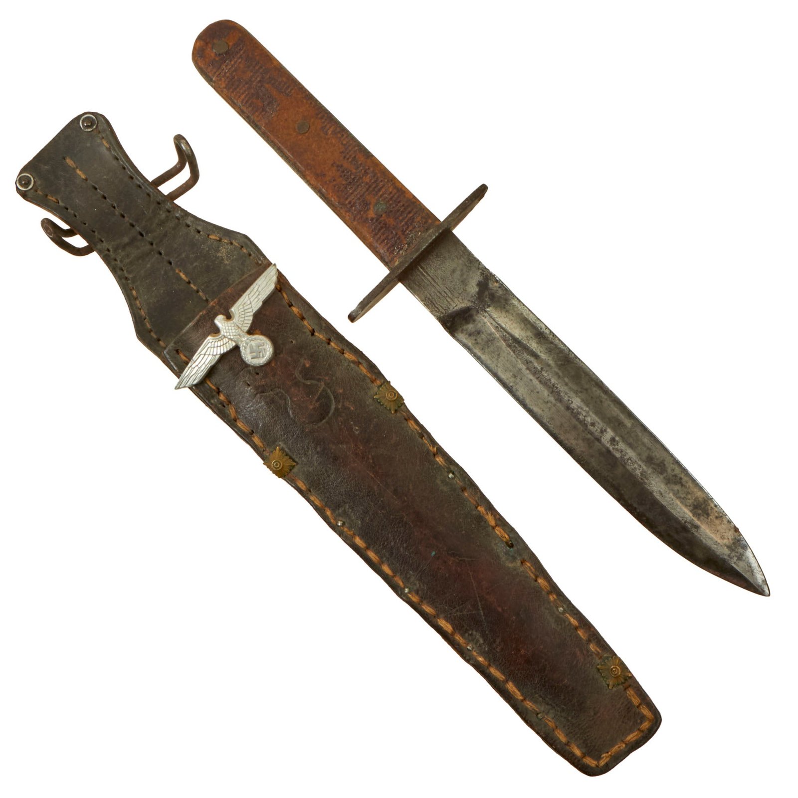 Buy Original U.S. WWII “Theater Made” Cut-Down Model 1913 Cavalry “Patton” Saber Fighting Knife With Captured German Bayonet Frog with Attached Souvenir Insignia | Original Firearms Antique For Sale