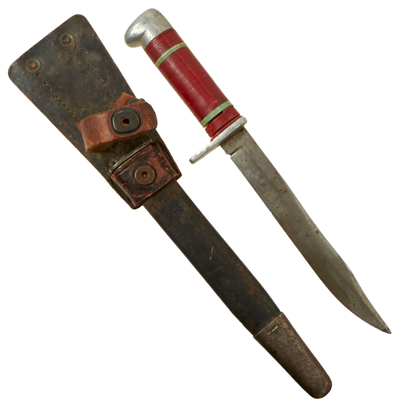 Buy Original U.S. WWII Theater-Made Fighting Knife with British Enfield Bayonet Scabbard & US Lineman’s Pouch Frog | Original Firearms Antique For Sale