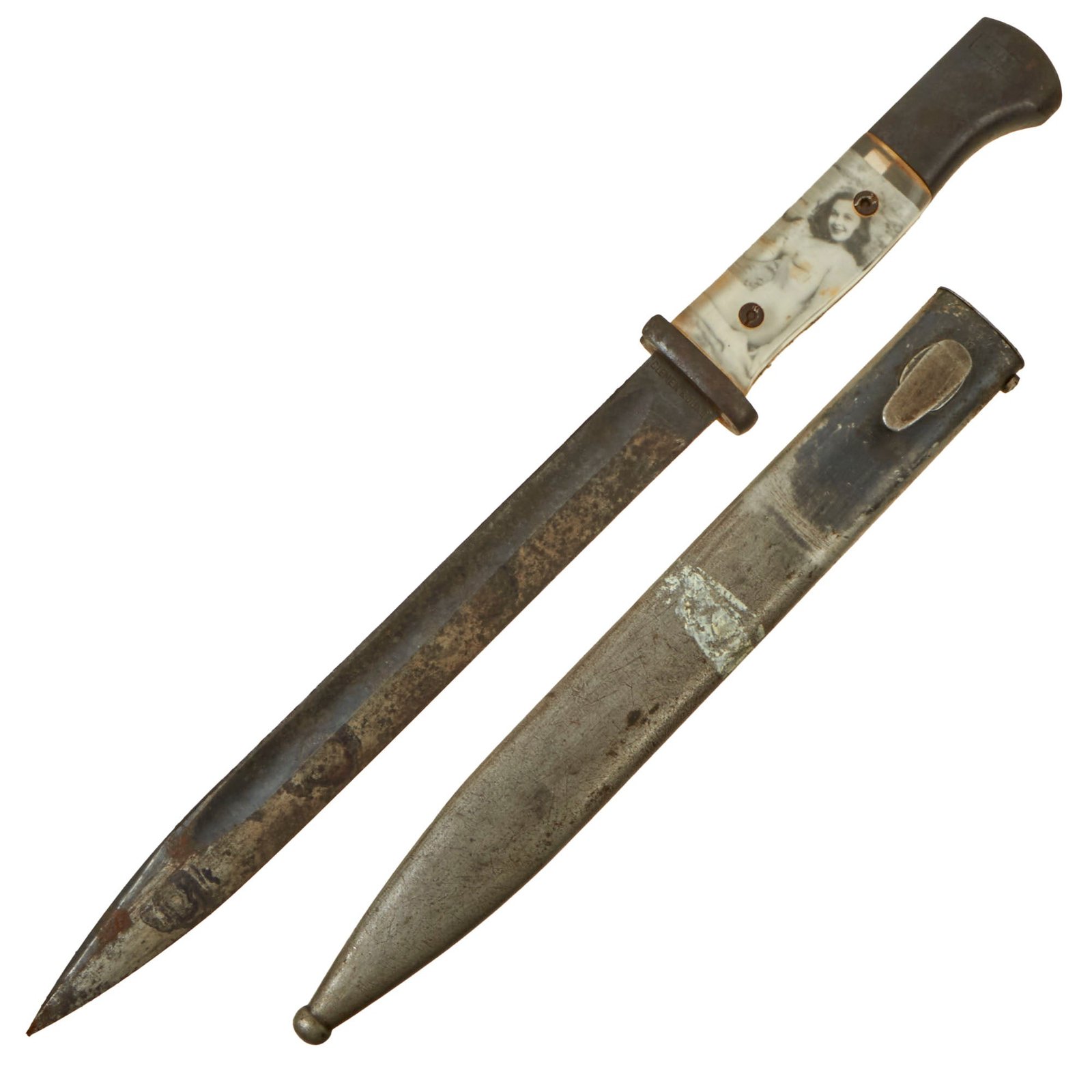 Buy Original German WWII 98k Bayonet by Clemen & Jung with US Soldier Custom “Sweetheart” Pin-Up Girl Plexiglass Grips and Scabbard - Dated 1937 & 1940 | Original Firearms Antique For Sale