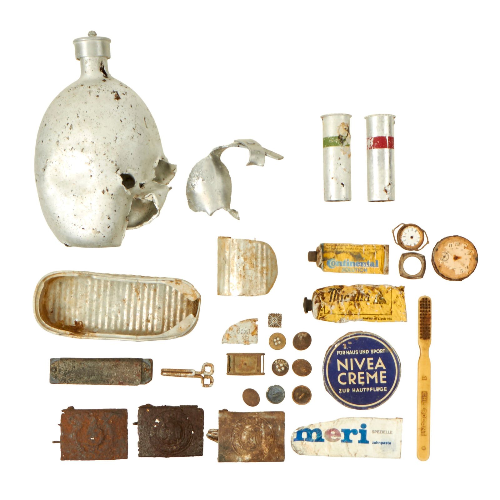 Buy Original German WWII Ground Dug Relic Lot - Includes SS Buckle, Canteen, Ration Tins, Personal Items, and More | Original Firearms Antique For Sale