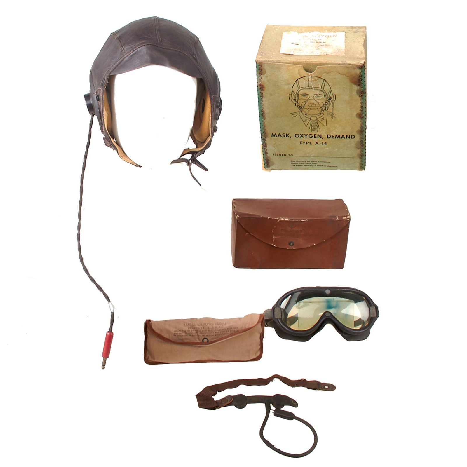 Buy Original U.S. WWII Army Air Forces Aviator Flight Set - A-11 Flying Helmet with Throat Mic, Polaroid Goggles in Box, & A-14 Oxygen Mask Box | Original Firearms Antique For Sale