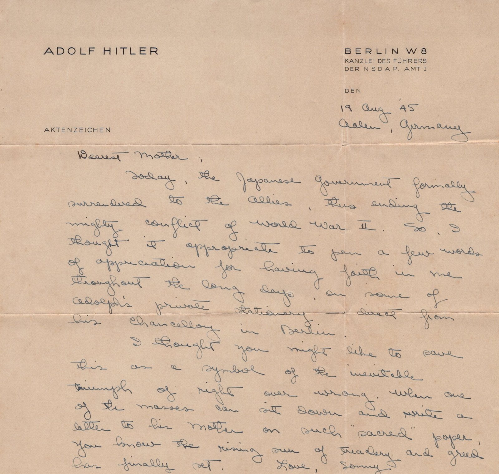 Buy Original U.S. WWII Letter Written Home on AH’s Chancellery Stationary - Dated August 19th, 1945 | Original Firearms Antique For Sale