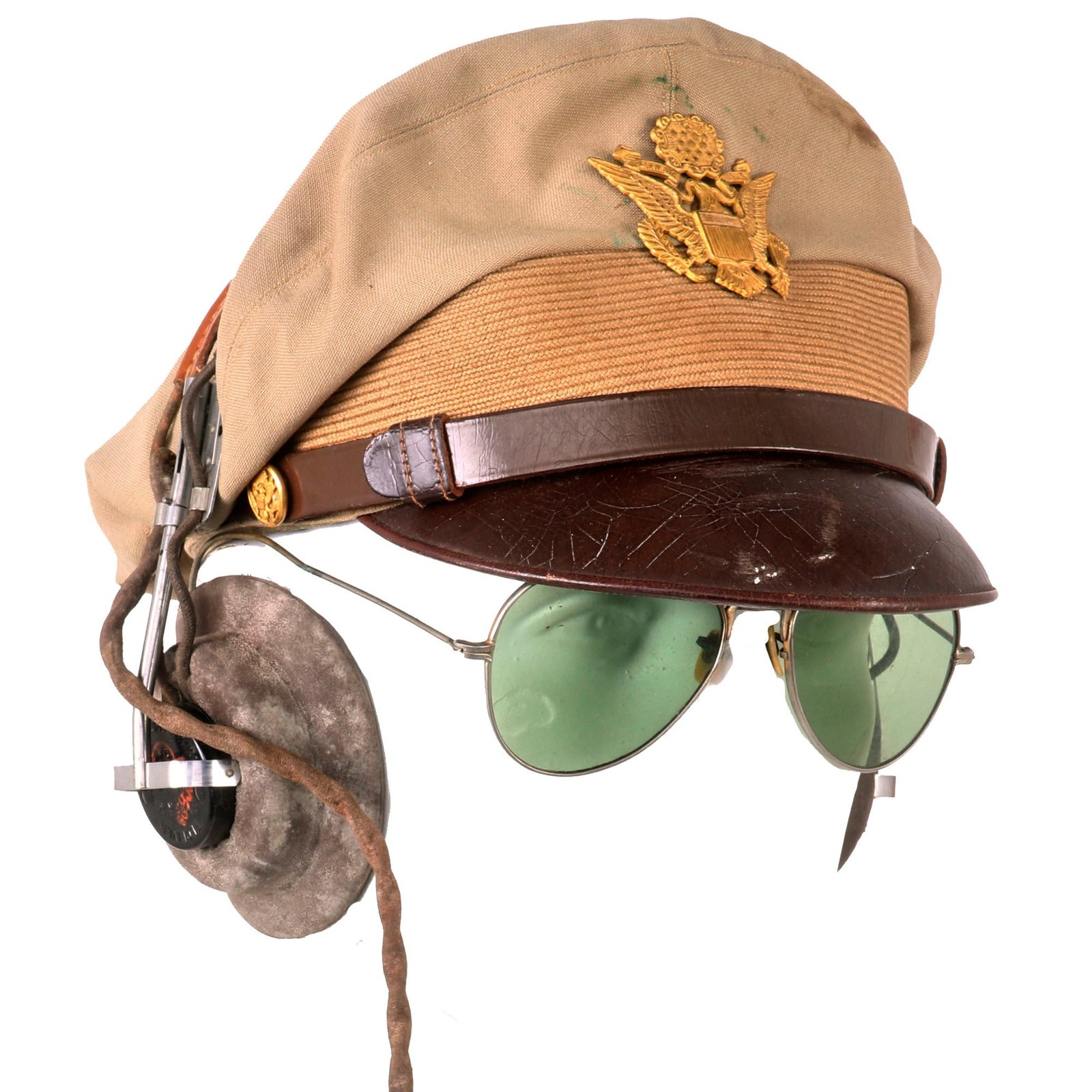 Buy Original U.S. WWII Army Air Force Officer Tan “Fly-Weighter” Crusher Cap by Lewis With HB-7 Headset & Aviator Sunglasses - Size 7¼ | Original Firearms Antique For Sale