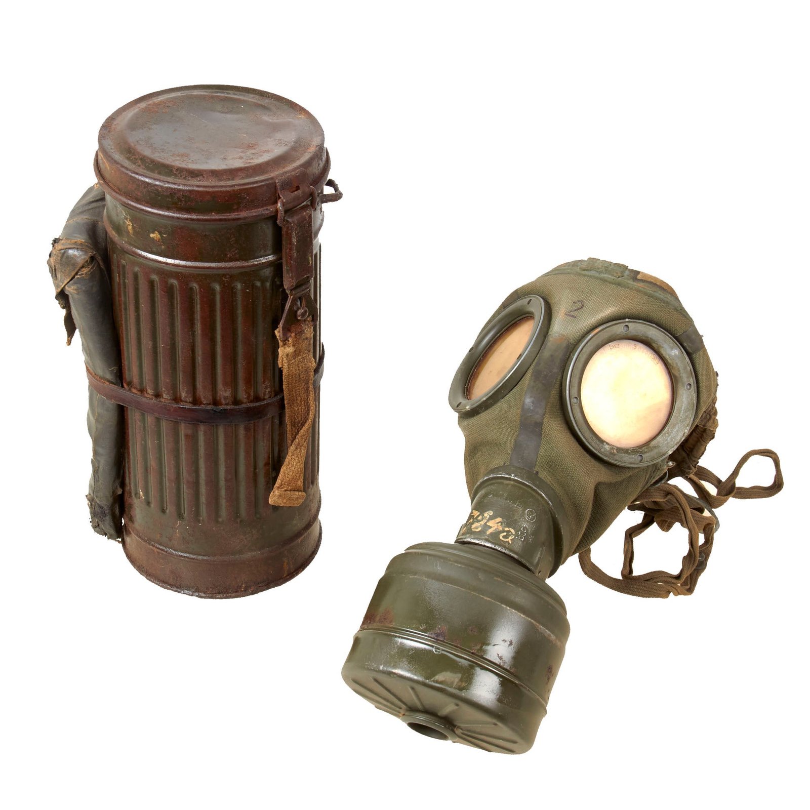 Buy Original German WWII Named M30 2nd Model Size 2 Gas Mask with Fe 42 Filter and Canister with Original Gas Cape & Bag Still Attached - Dated 1943 | Original Firearms Antique For Sale