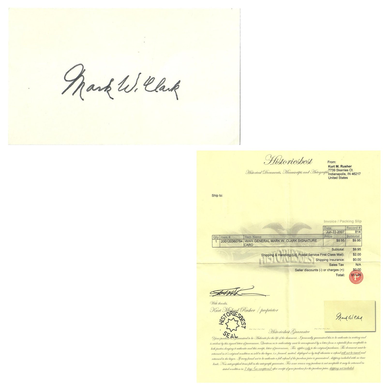 Buy Original U.S. WWII General Mark Wayne Clark Autograph with 2007-Dated Certificate of Authenticity | Original Firearms Antique For Sale