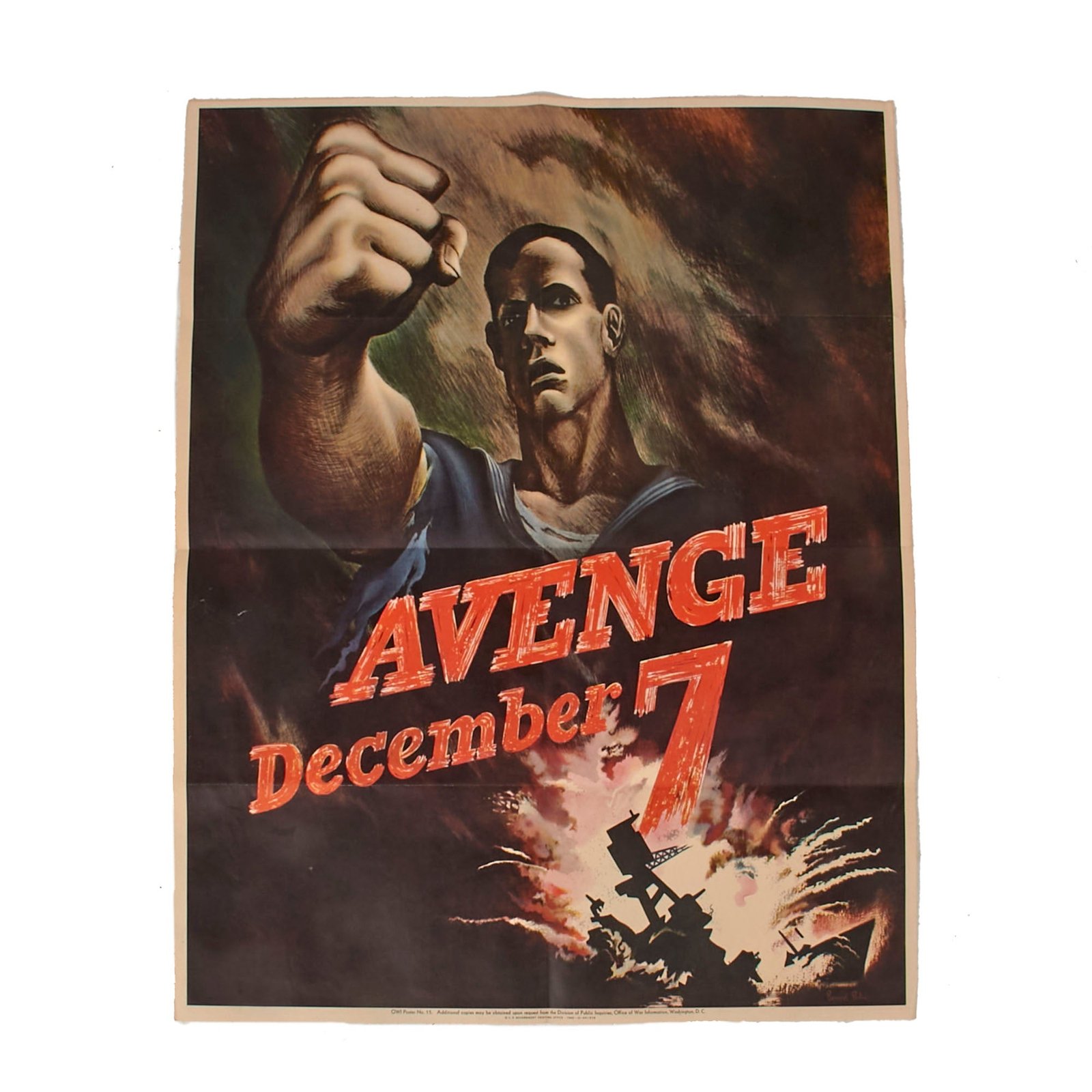 Buy Original U.S. WWII 1942 “Avenge December 7” OWI Propaganda Poster Featuring Artwork by Bernard Perlin - 28” x 22 | Original Firearms Antique For Sale