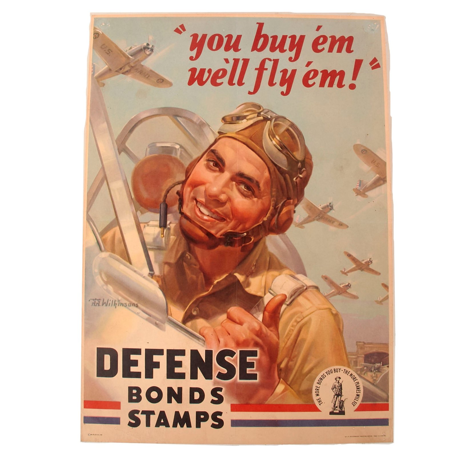 Buy Original U.S. WWII Defense Bonds Stamps “You Buy ‘Em, We’ll Fly ‘Em!” Propaganda Window Poster - 10” x 14” | Original Firearms Antique For Sale