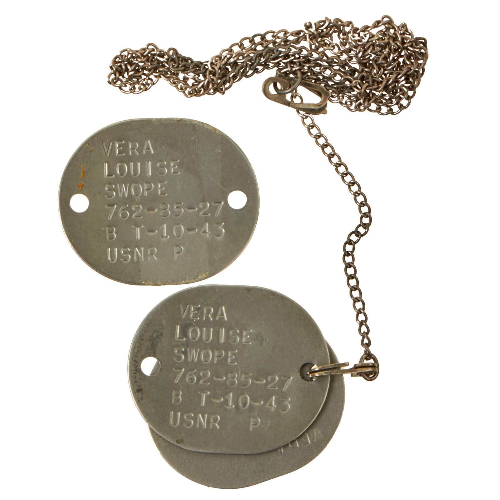 Buy Original U.S. WWII WAVES Female Dog Tag Set - Vera Louise Swope | Original Firearms Antique For Sale
