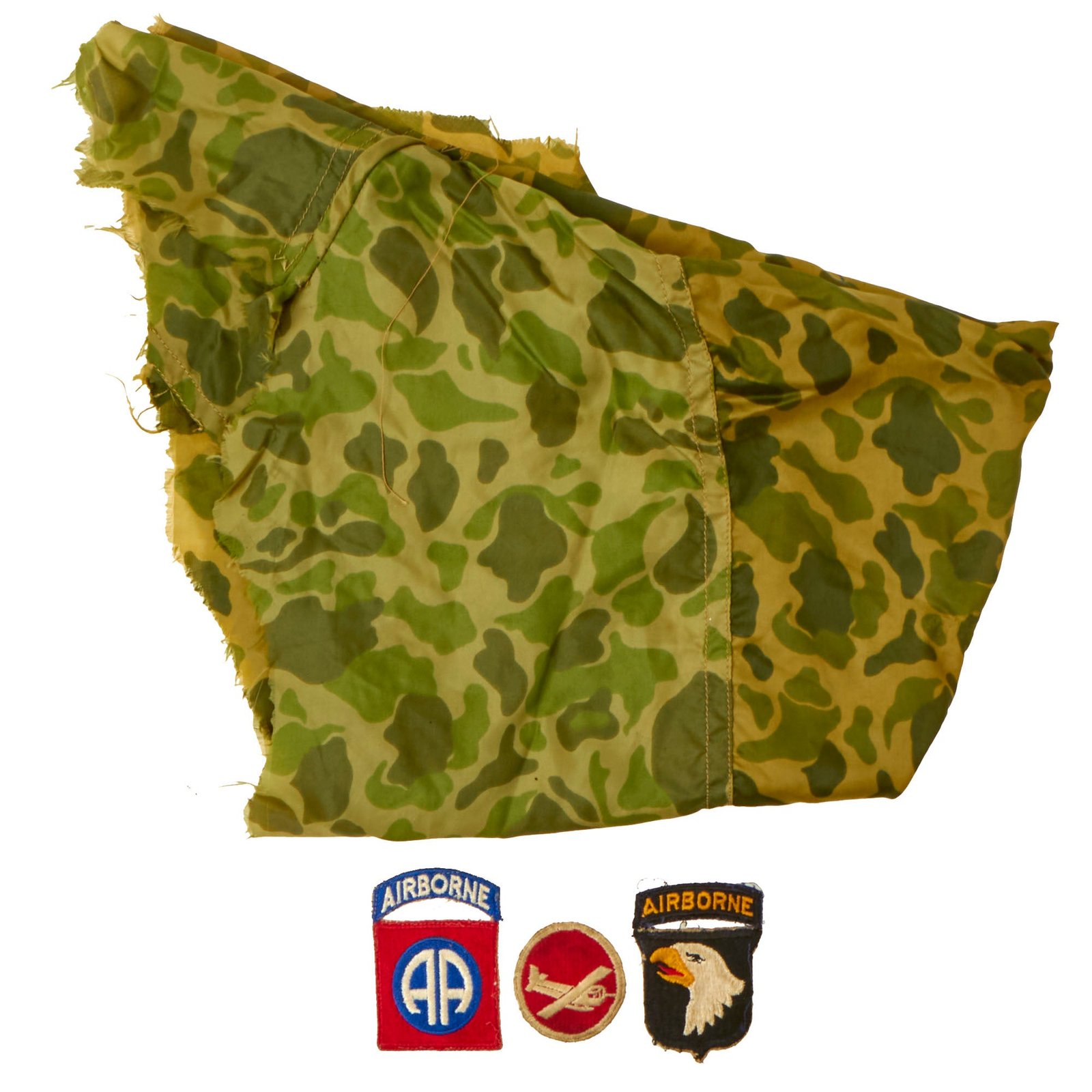 Buy Original U.S. WWII Airborne Patch Lot with Scarf made from Camouflage Parachute | Original Firearms Antique For Sale