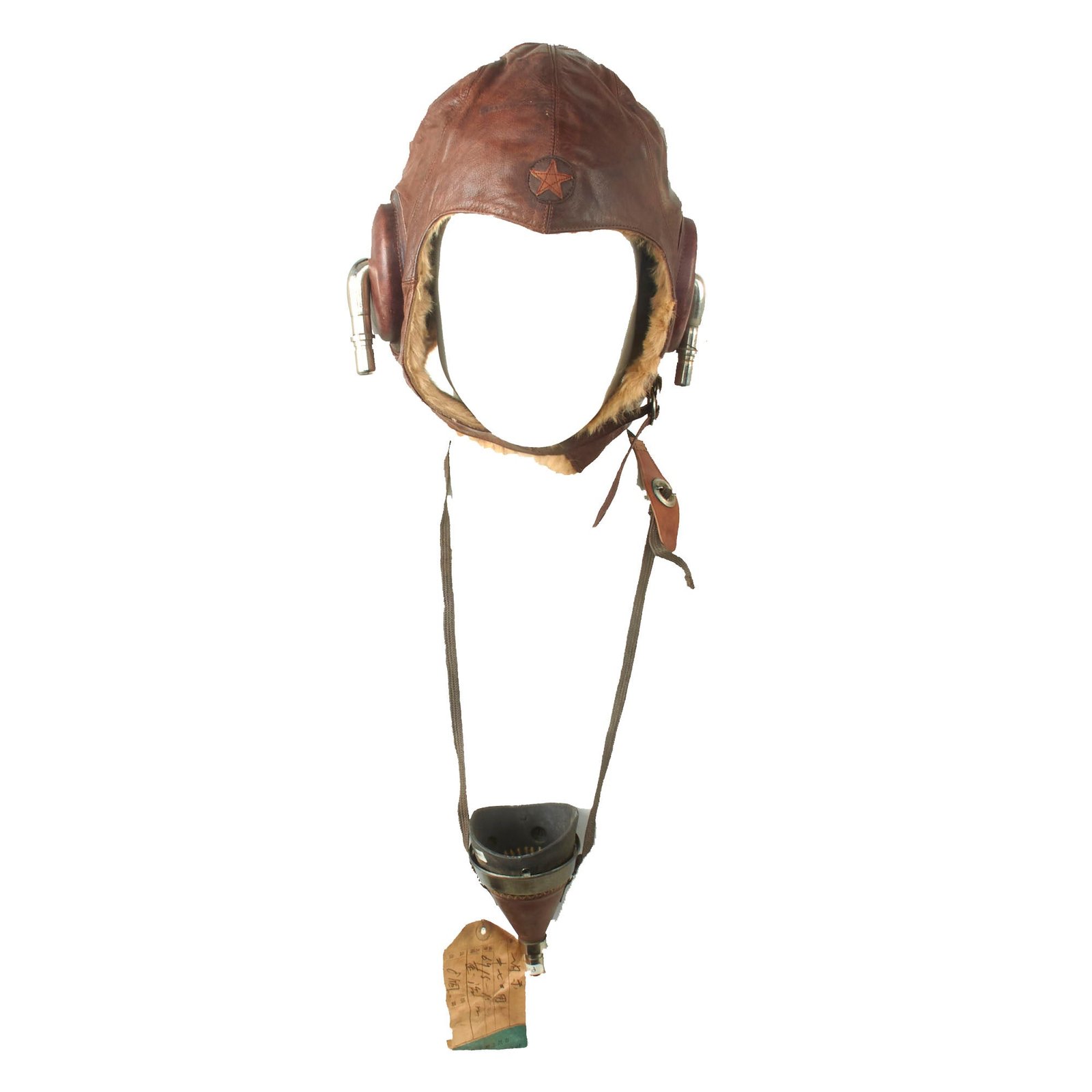 Buy Original Imperial Japanese WWII Army Air Service Winter Fur-Lined Flight Helmet Variant with Scarce Prototype Speakerphone Attachment with Period Tag | Original Firearms Antique For Sale