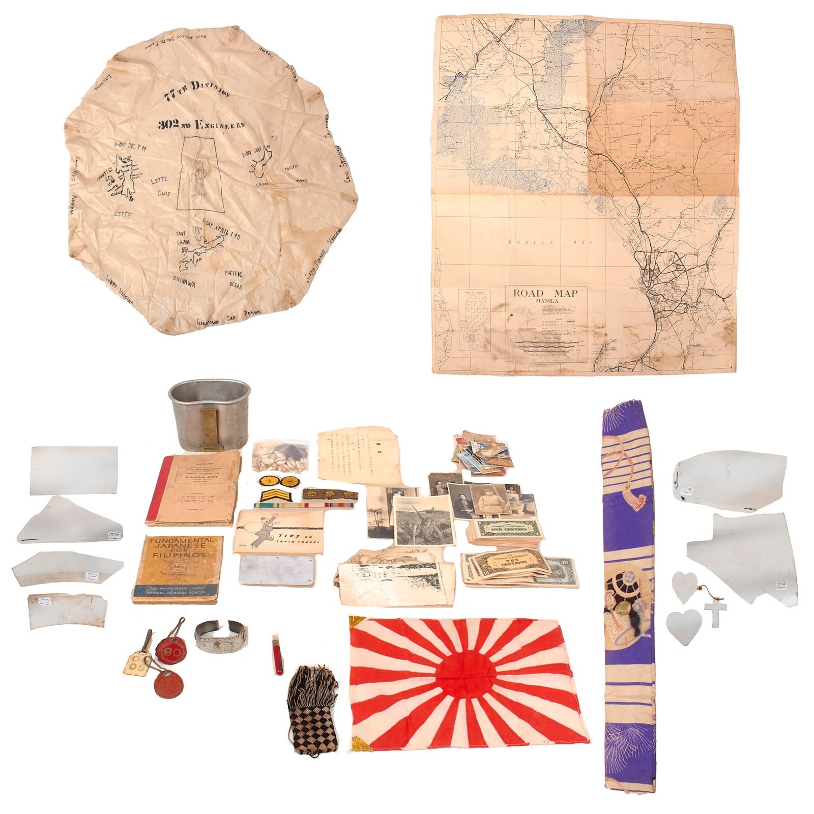 Buy Original U.S. WWII Tremendous 77th Division Japanese Souvenir Group with Aircraft Plexiglass, Rising Sun Flag, Currency, Restricted Manila City Guidebook, Insignia, Travel Journal Canteen Cup, and More - Richard S. Derrick, 302nd Engineers | Original Firearms Antique For Sale
