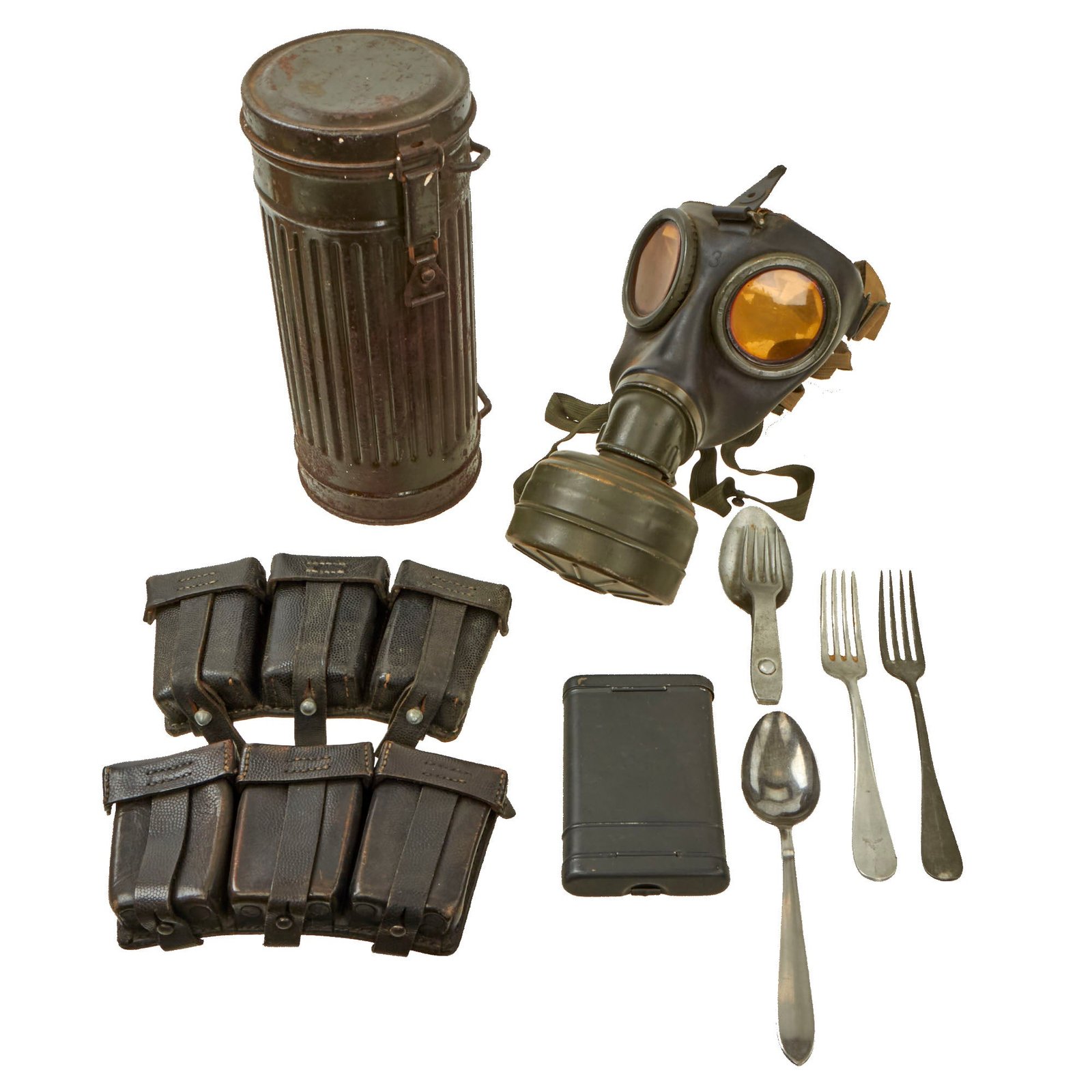 Buy Original German WWII Field Gear Lot with M38 Size 3 Gas Mask in Canister, Ammunition Pouches, K98 Cleaning Kit & Eating Utensils | Original Firearms Antique For Sale