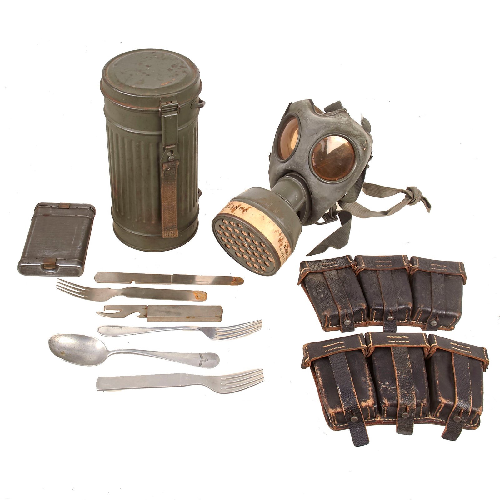 Buy Original German Spanish Civil War & WWII Field Gear Lot with Spanish DAGSA Mask in German Canister, Ammunition Pouches, K98 Cleaning Kit & Eating Utensils | Original Firearms Antique For Sale