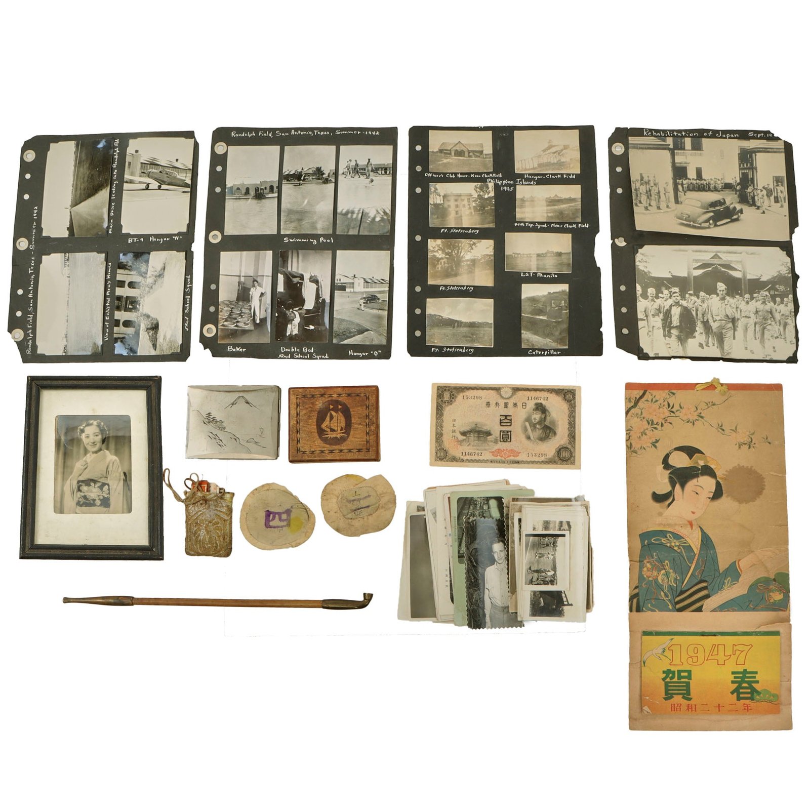 Original U.S. WWII Japanese Occupation Lot with Cigarette Case, Scrapbook Photos, Captured Money & Other Items