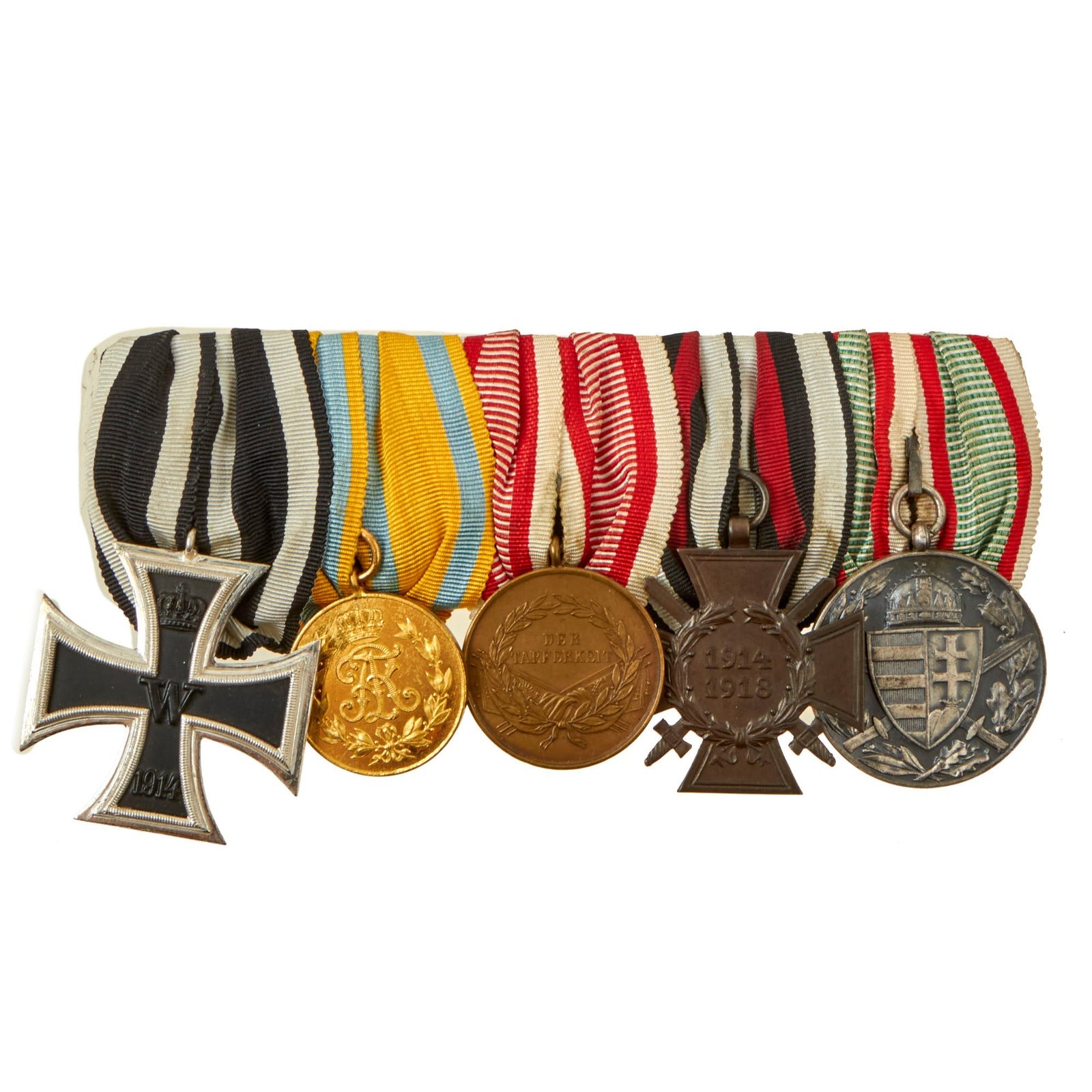 Buy Original Imperial German WWI Era 5-Place Medal Bar with EKII, Franz Joseph Bravery Medal, and Austro-Hungarian Medals - 5 Awards | Original Firearms Antique For Sale