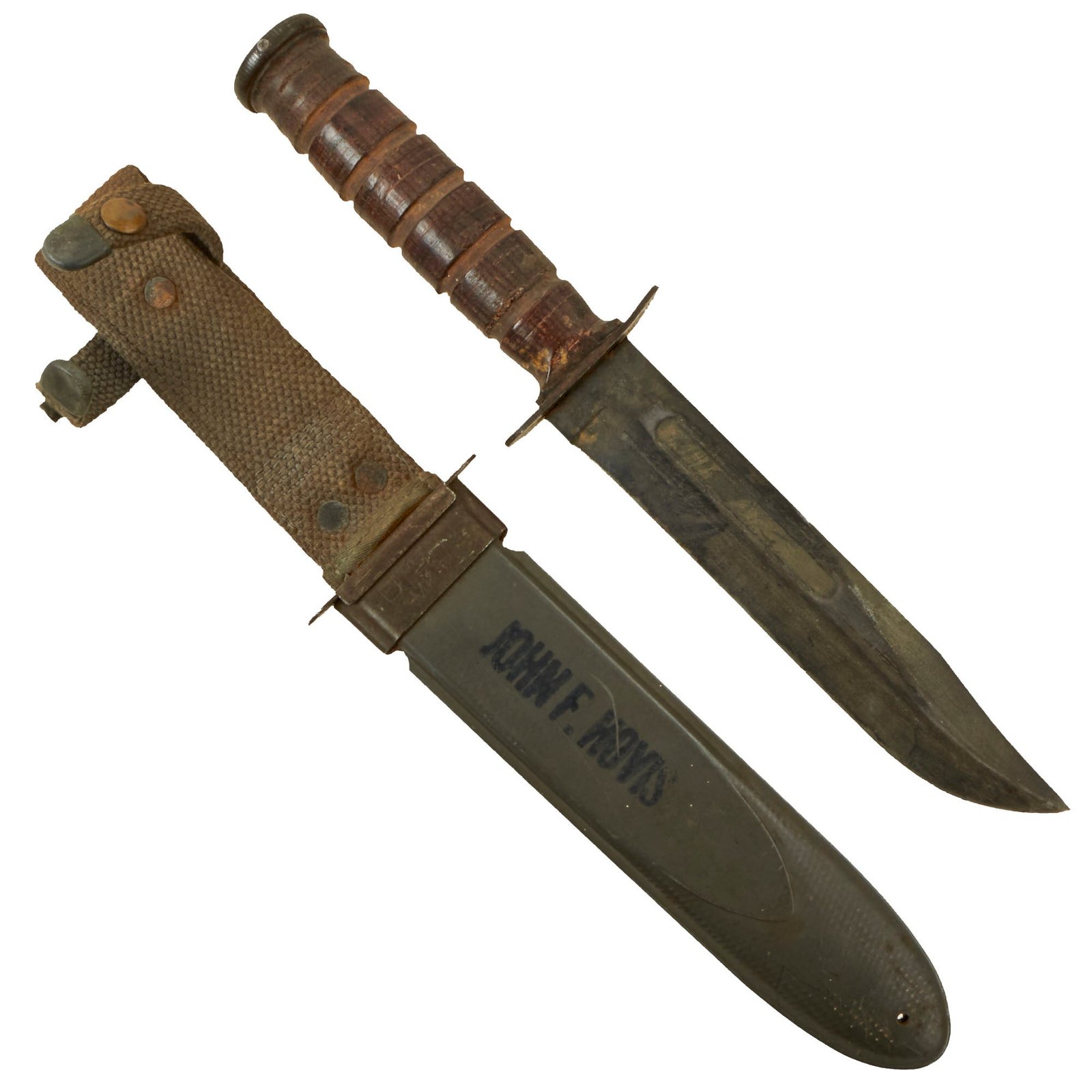 Buy Original U.S. WWII Late War Named Navy Mark 2 KA-BAR Fighting Knife by CAMILLUS with U.S.N. MK2 Scabbard - John F. Hovis, USS Venago | Original Firearms Antique For Sale