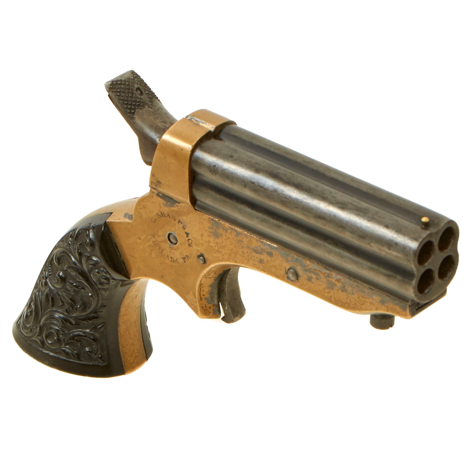 Buy Original U.S. Sharps Model 1A .22 Rimfire 4 Barrel Brass Frame Pepperbox Pistol with Ornate Gutta Percha Grips and Case - Serial 54496 | Original Firearms Antique For Sale