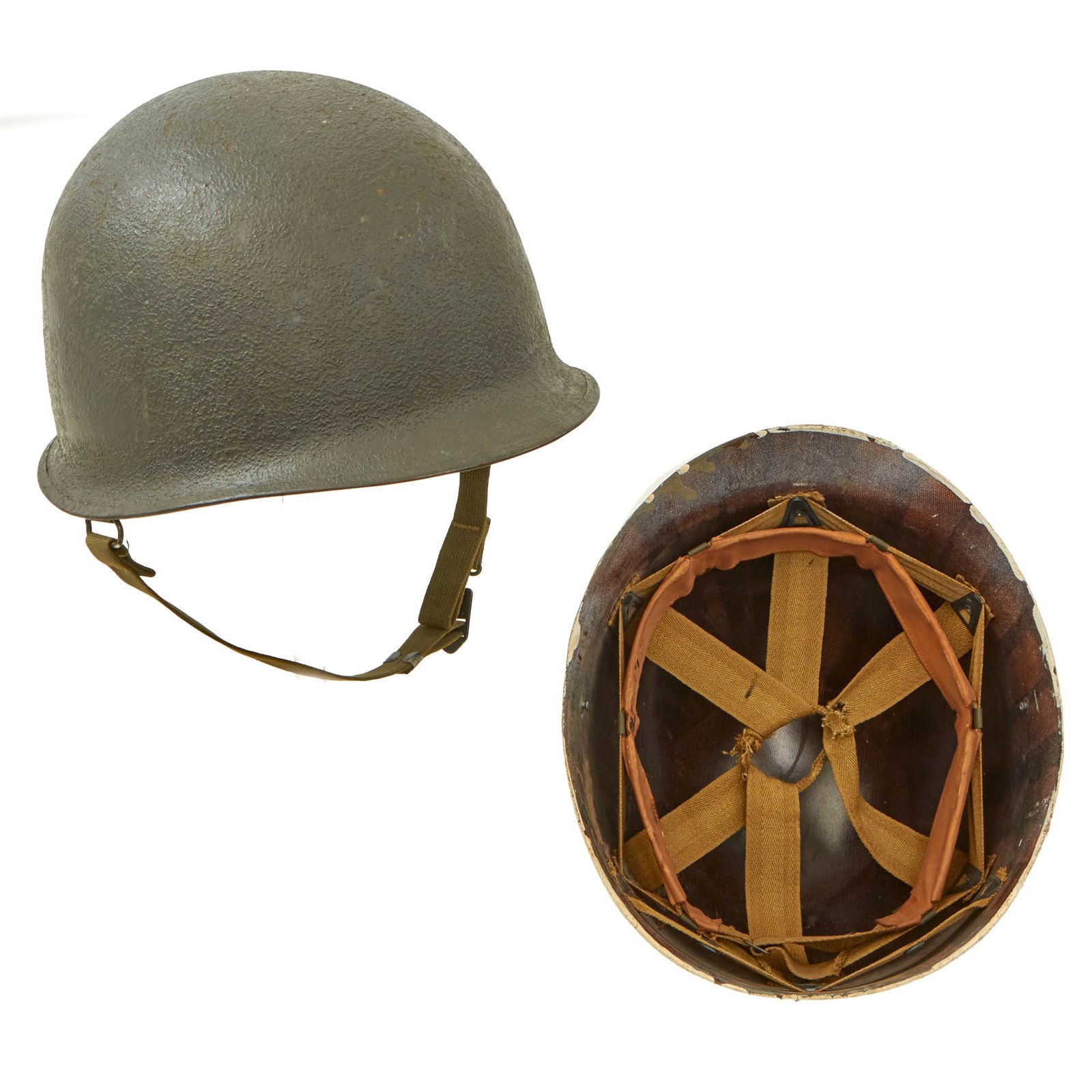 Buy Original WWII U.S. Named Navy Late War Painted Rear Seam Swivel Bale Schlueter M1 Helmet Complete with International Molded Plastics Liner | Original Firearms Antique For Sale
