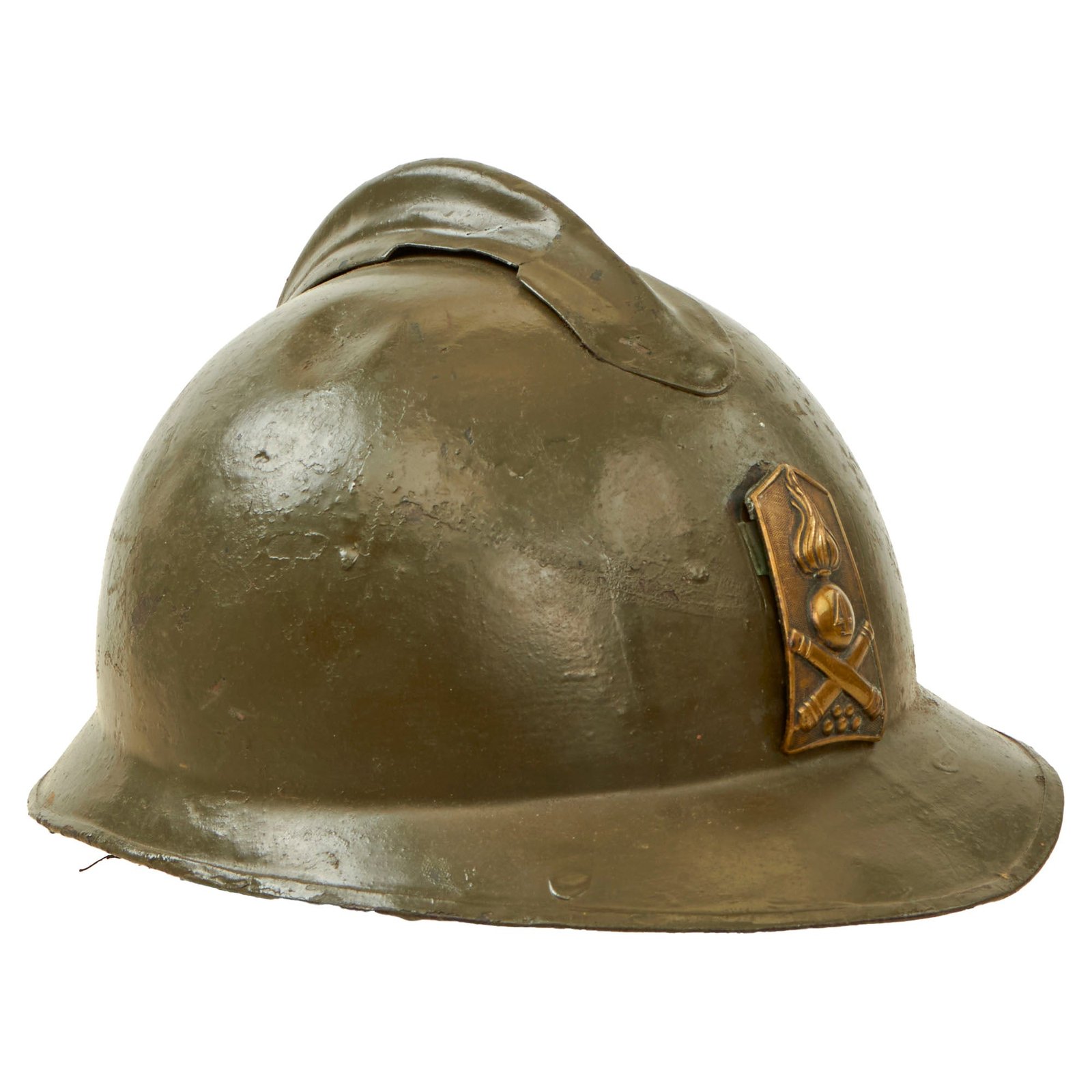 Buy Original Italian WWI / 1920s “Lippmann Model” Adrian Helmet with 4th Field Artillery Badge - Full Liner & Chinstrap | Original Firearms Antique For Sale