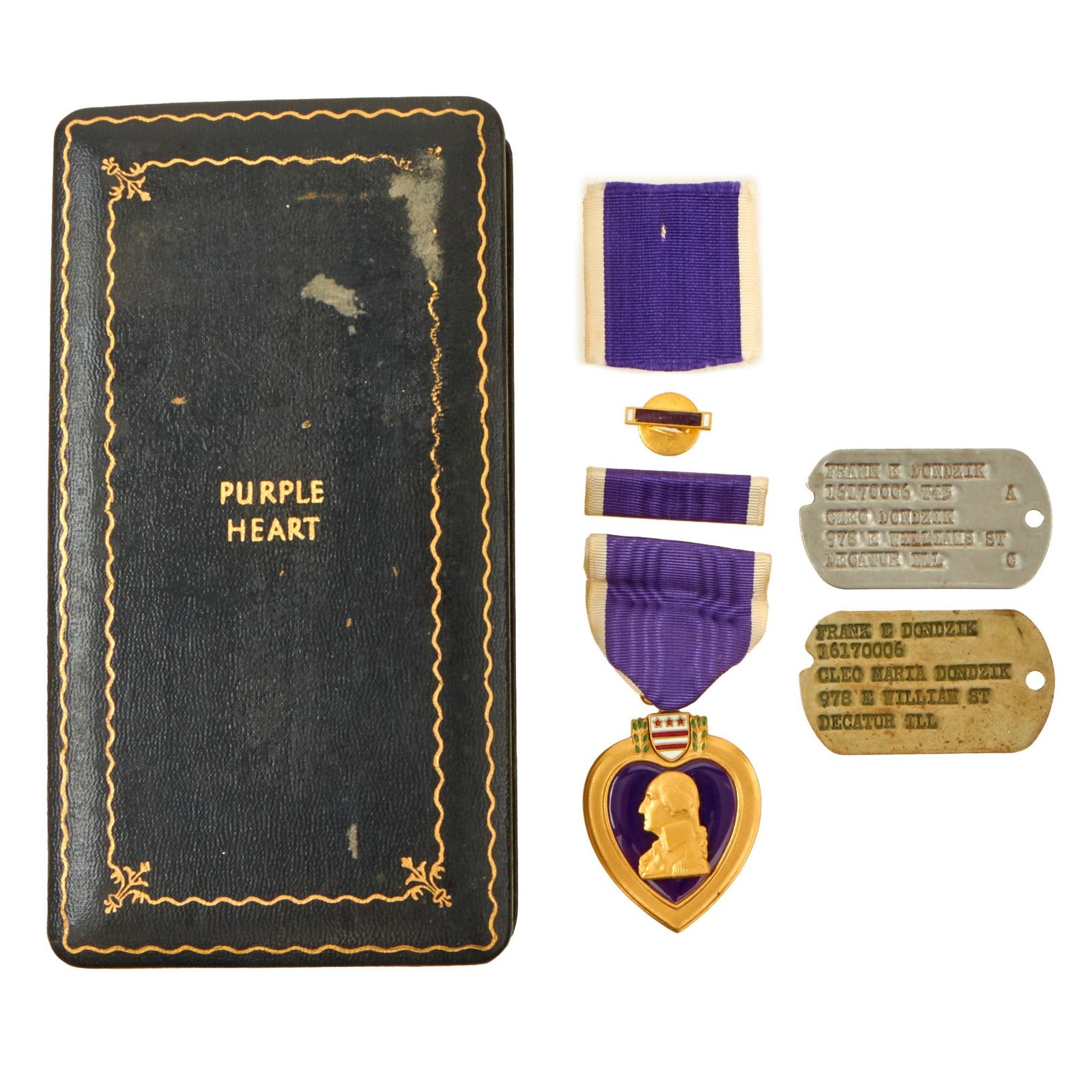 Buy Original U.S. WWII 126th Mountain Engineer Battalion Engraved Purple Heart & Dog Tags in Presentation Case - Corporal Frank E. Dondzik - Wounded by German Artillery Shell | Original Firearms Antique For Sale
