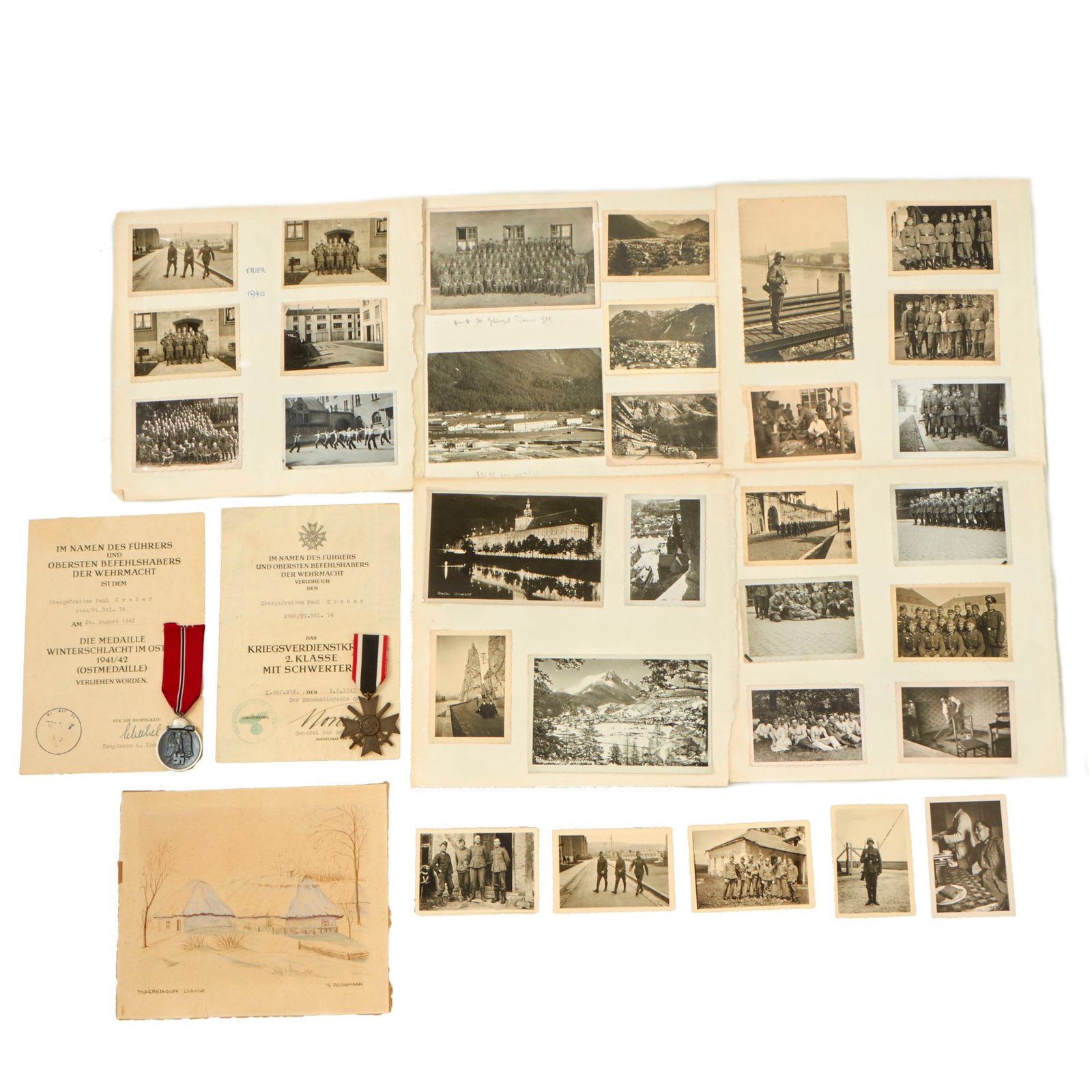 Buy Original German WWII Eastern Front Medal & War Merit Cross Grouping with Documents & Photo Album Pages - Obergefreiten Paul Kreber, Pionier-Bataillon 74 - 80 Photographs Total | Original Firearms Antique For Sale