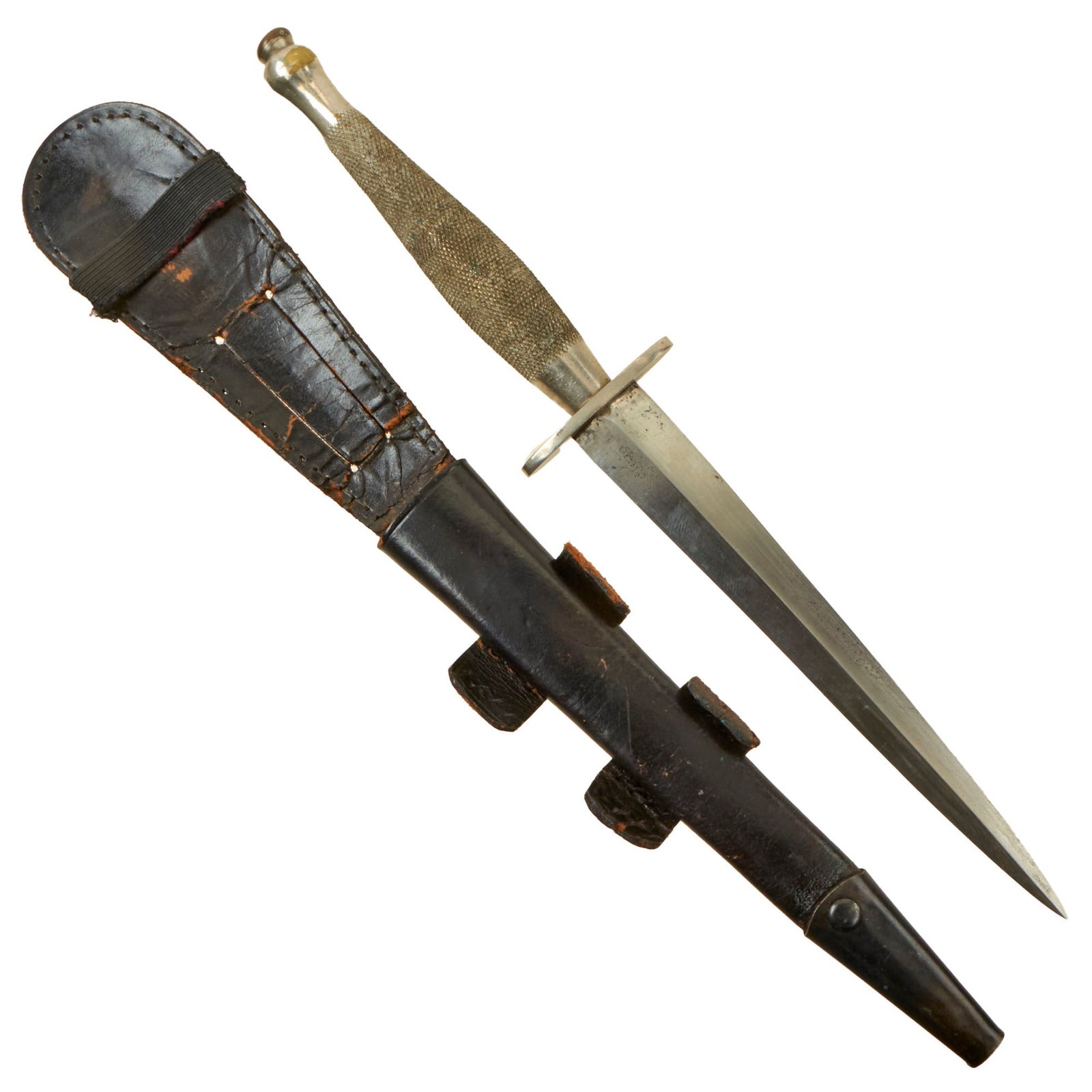 Buy Original British WWII P-2 “Officer’s Model” Nickeled Second Pattern Fairbairn-Sykes Fighting Knife with Sheath - Broad Arrow 5 Marked | Original Firearms Antique For Sale