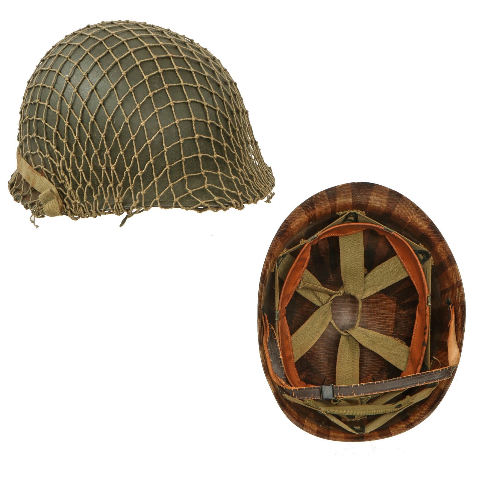 Original U.S. WWII 1945 M1 McCord Rear Seam Swivel Bale Helmet with M44 Net and Firestone Liner