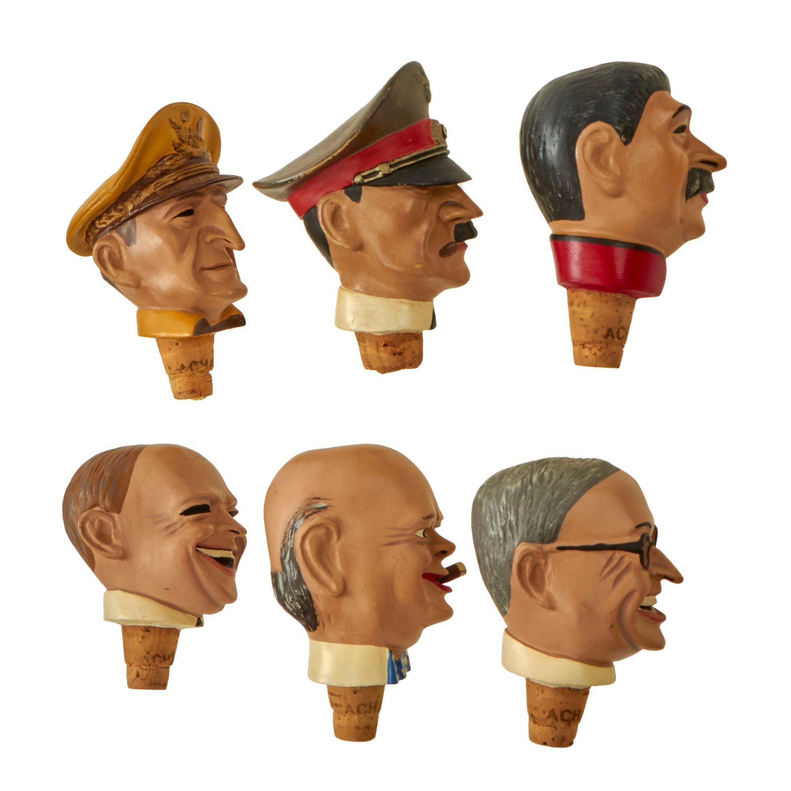 Buy Original German Post-WWII Political & Military Caricature Wine Stoppers by Achatit of Cologne, Germany - Lot of 6 - AH, Churchill, Truman, Eisenhower, MacArthur, and Stalin | Original Firearms Antique For Sale
