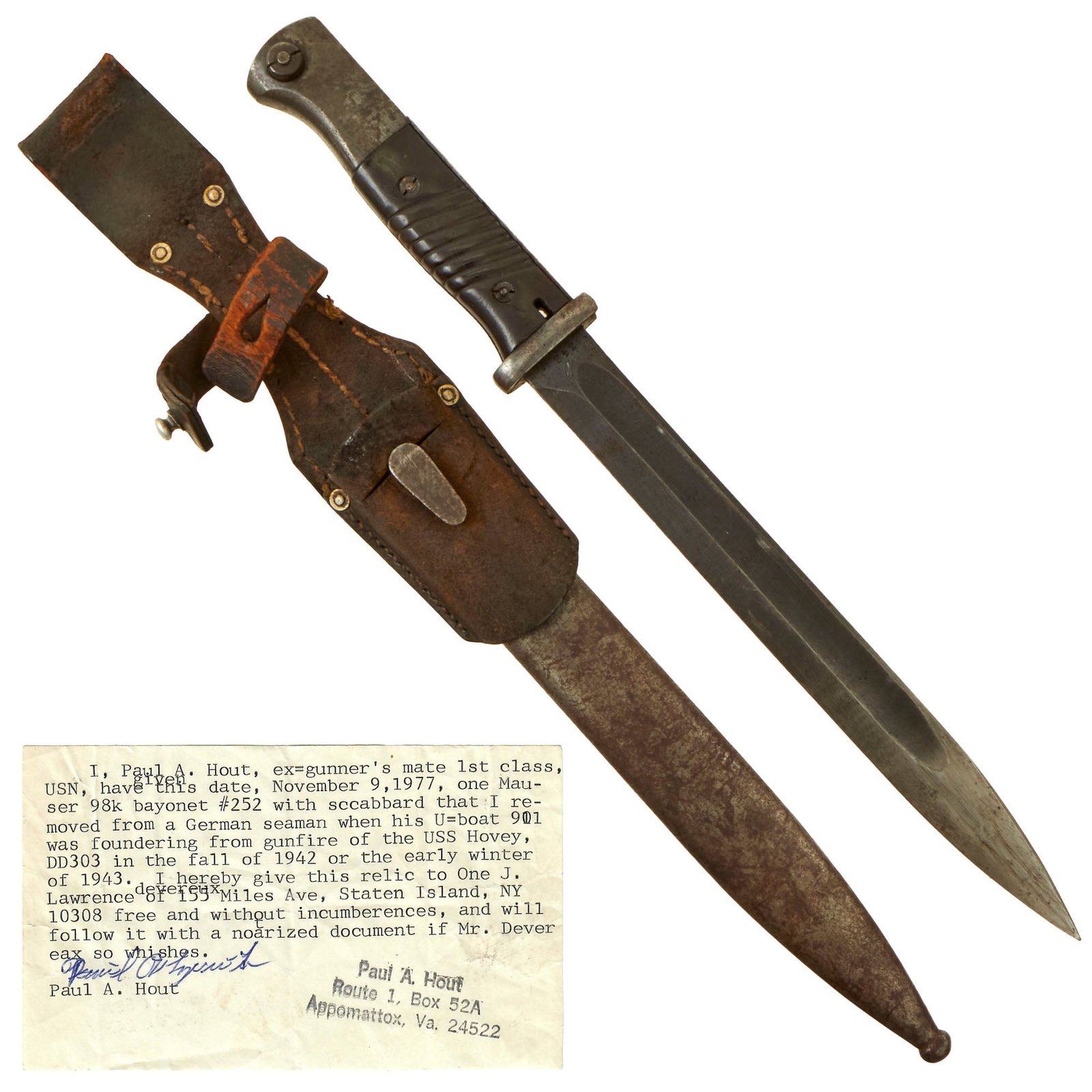 Buy Original German WWII French 98k 1942 Bayonet by Châtellerault with Letter of Provenance, Scabbard, and Frog - Matching Serial 252 l | Original Firearms Antique For Sale