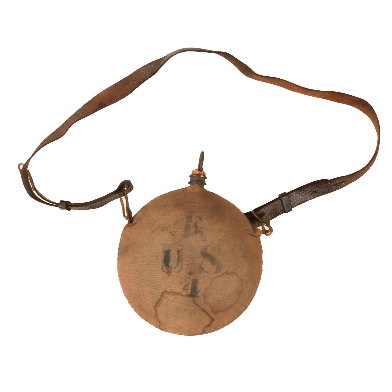Buy Original U.S. Indian Wars M1878 Canteen with Leather Shoulder Strap - Stamped “U.S.” | Original Firearms Antique For Sale