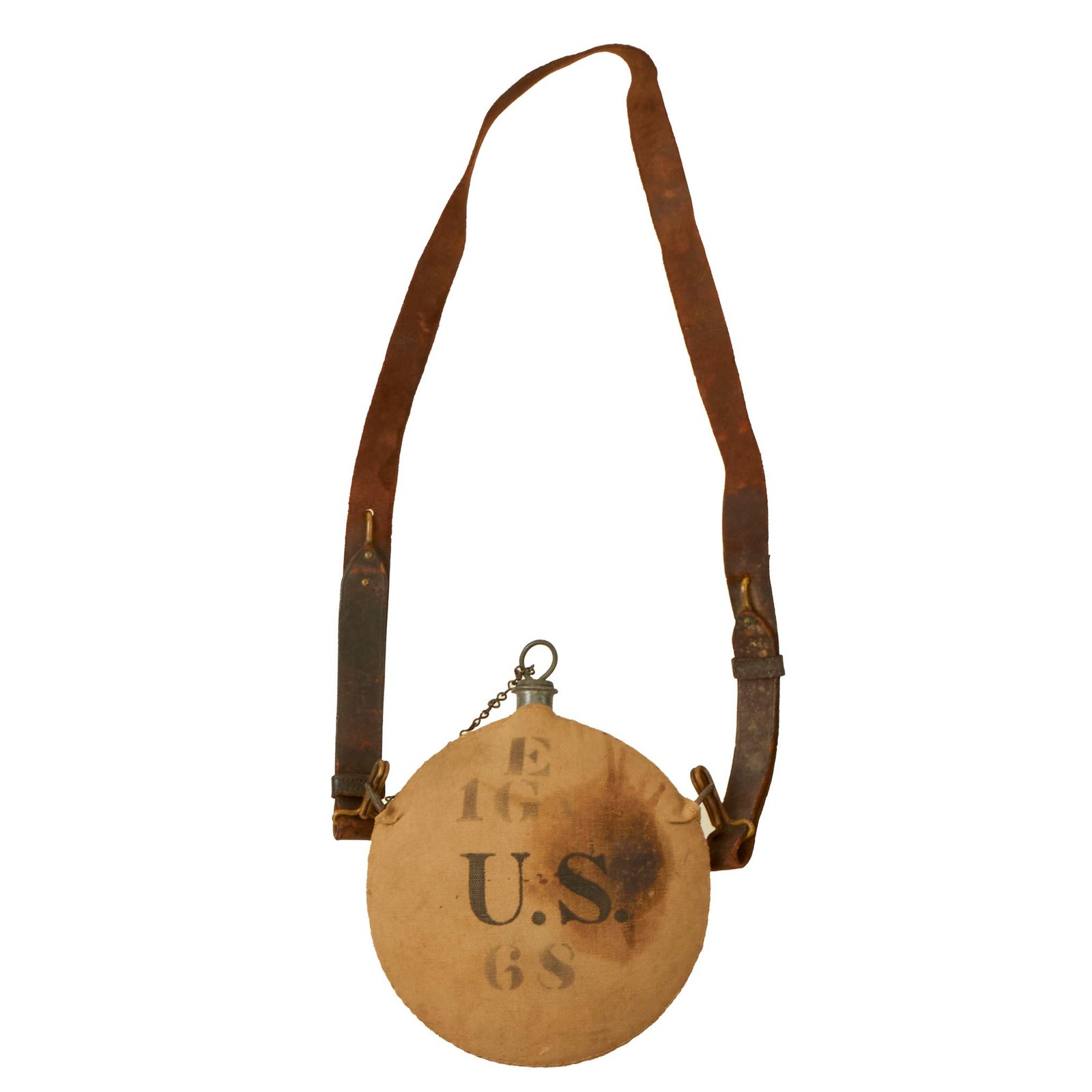 Buy Original U.S. Indian Wars / Spanish-American War Unit-Marked M1878 Canteen with Leather Shoulder Strap - 1st Georgia Infantry Company E | Original Firearms Antique For Sale