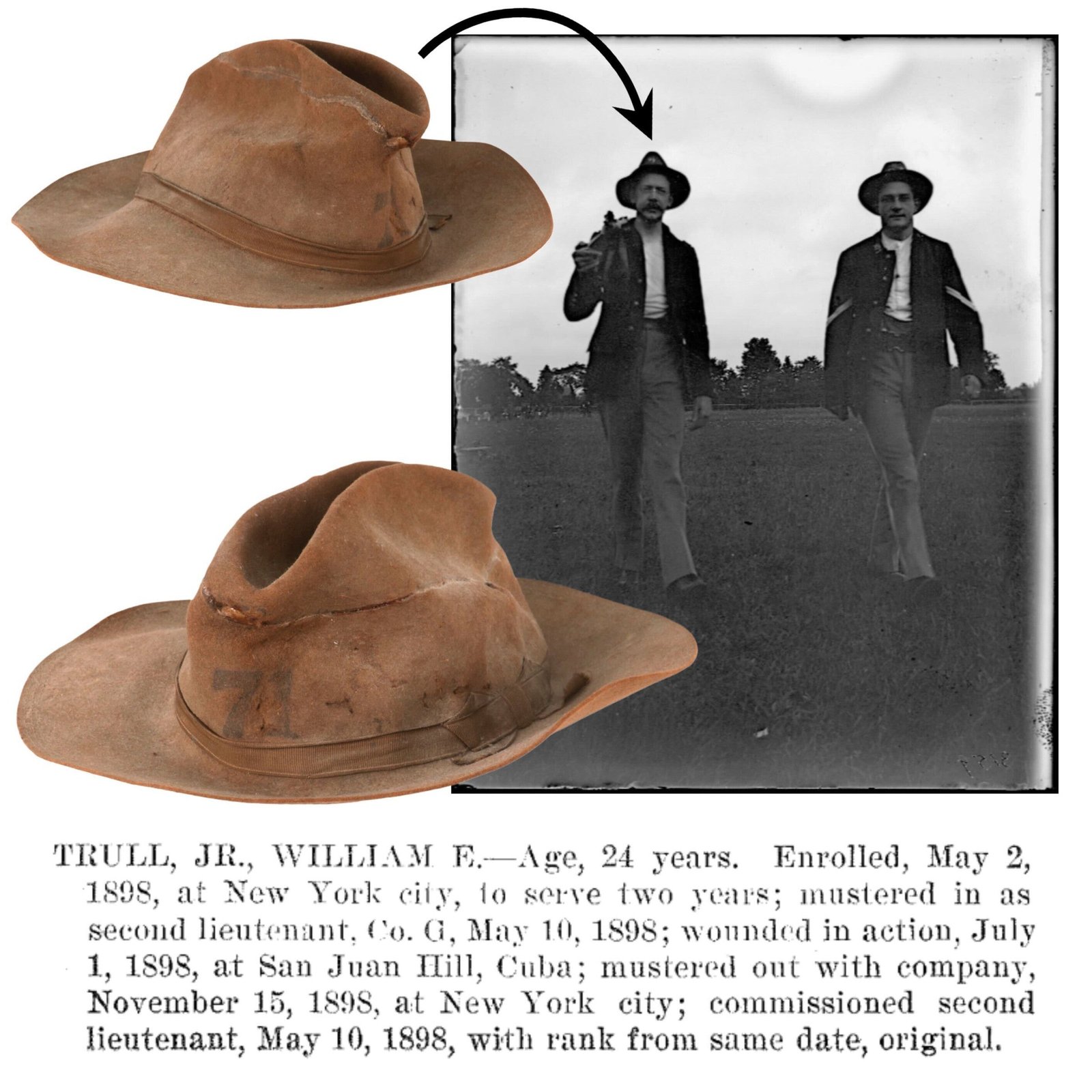 Buy Original U.S. Spanish-American War San Juan Hill Battle-Damaged M1883 Campaign Hat Worn by Lieutenant William E. Trull Jr., Company G, 71st Regiment, New York Volunteers | Original Firearms Antique For Sale
