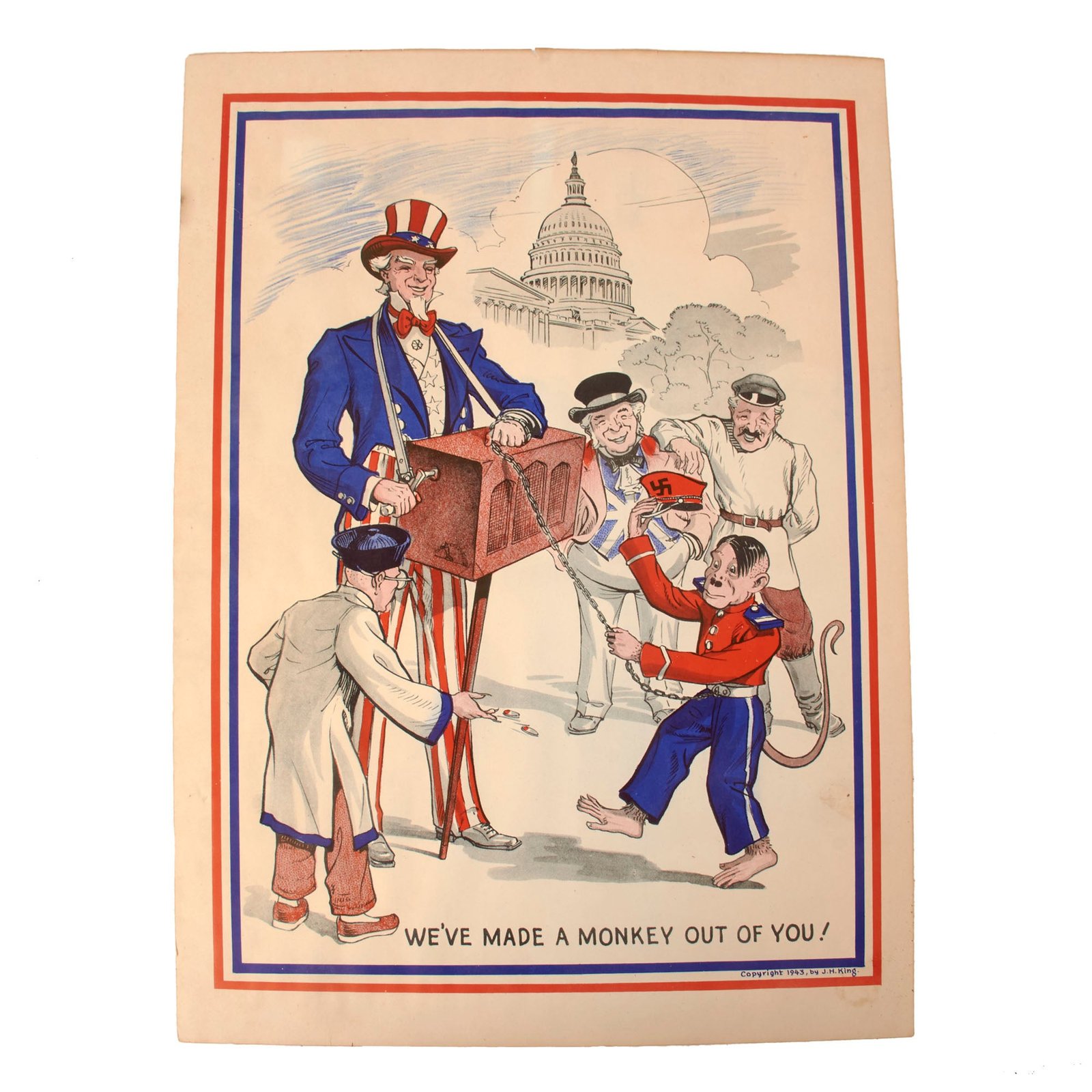 Buy Original U.S. WWII Government Printing Office “We’ve Made A Monkey Out Of You” Propaganda Poster With Artwork by J.H. King - 15 x 20” | Original Firearms Antique For Sale