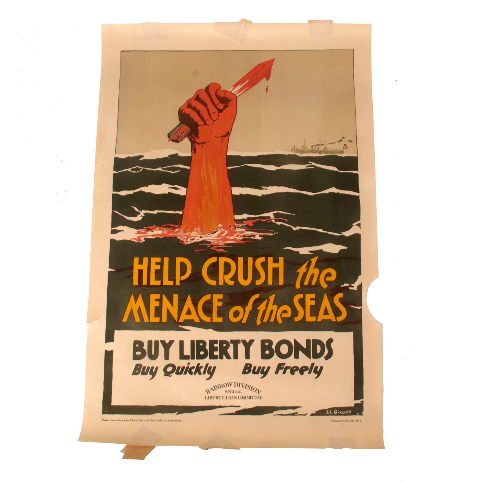 Buy Original U.S. WWI “Help Crush the Menace of the Seas” Rainbow Division Special Liberty Loan Committee Poster with Period Liberty Loan Stickers on Edges - 18¼ x 28” | Original Firearms Antique For Sale