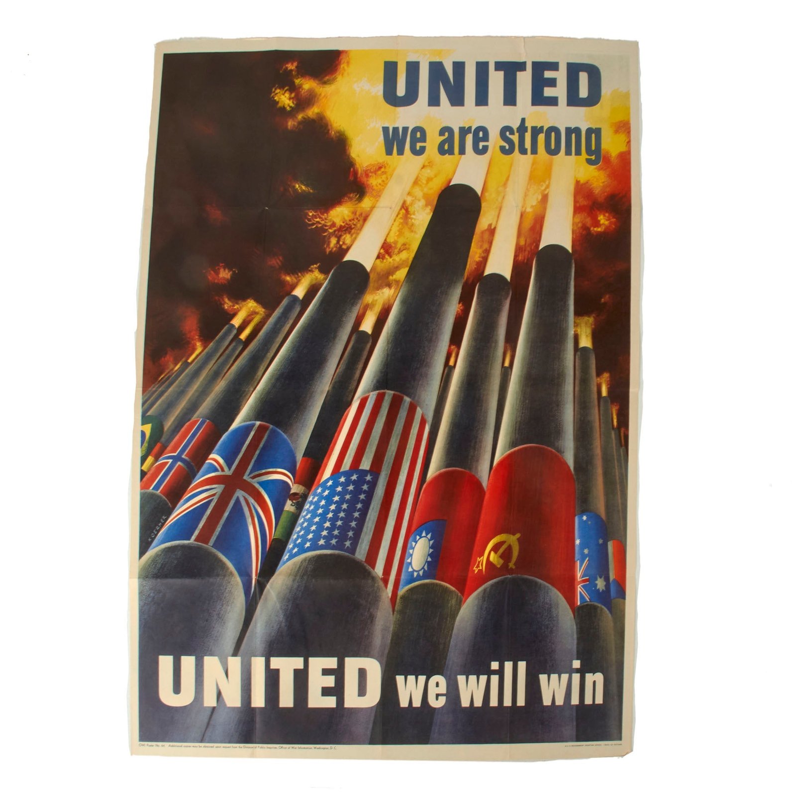 Buy Original U.S. WWII “United We Are Strong - United We Will Win” Extra Large Poster - OWI Poster No. 64 - 28½ x 40” | Original Firearms Antique For Sale