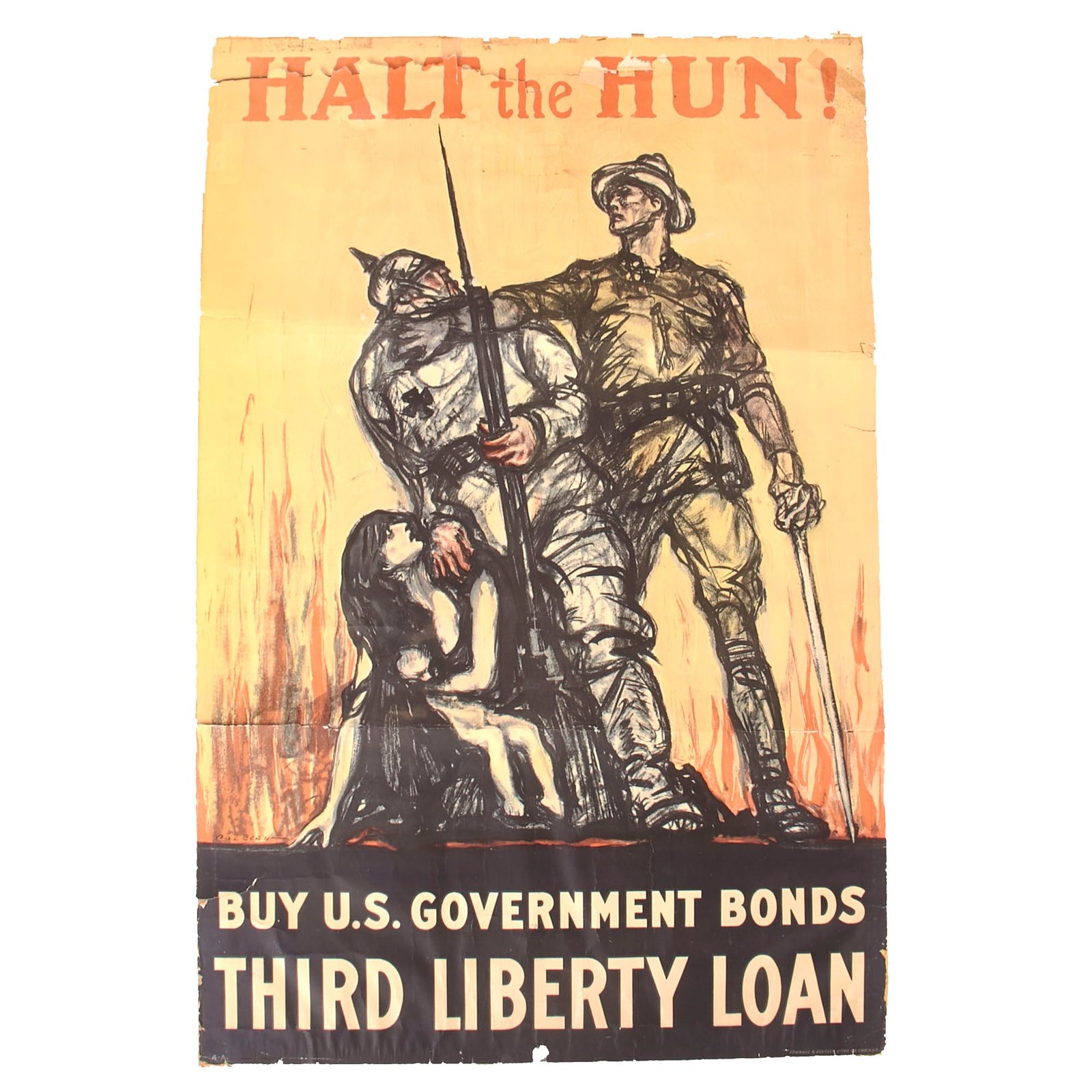 Buy Original U.S. WWI Imperial German Halt the Hun! Third Liberty Bond Poster - 20" x 29 1/2" | Original Firearms Antique For Sale