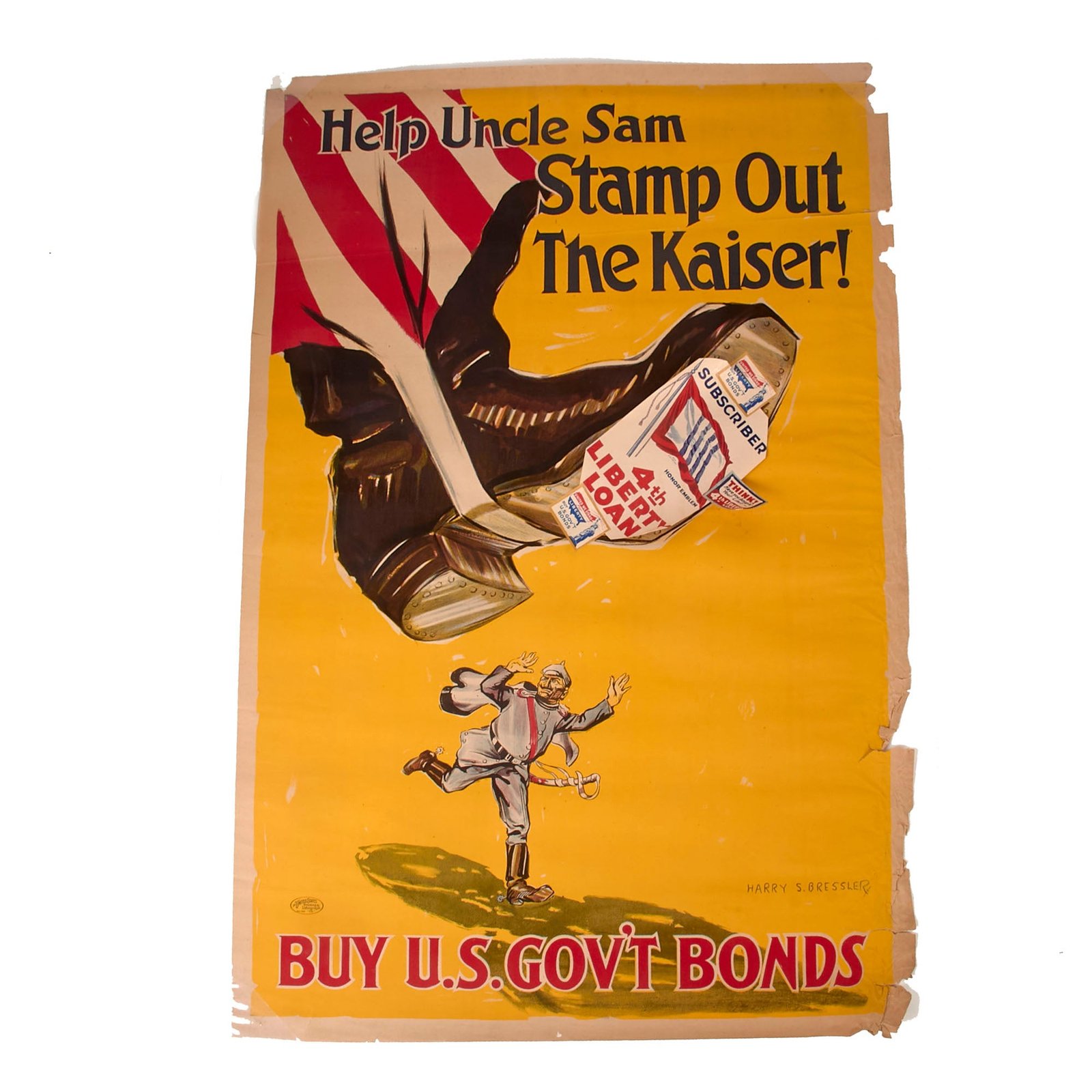 Buy Original U.S. WWI “Help Uncle Sam Stamp Out the Kaiser!” 3rd Liberty Loan Poster with Period-Applied 4th Liberty Loan Stamps - Extremely Rare - 28 x 41” | Original Firearms Antique For Sale