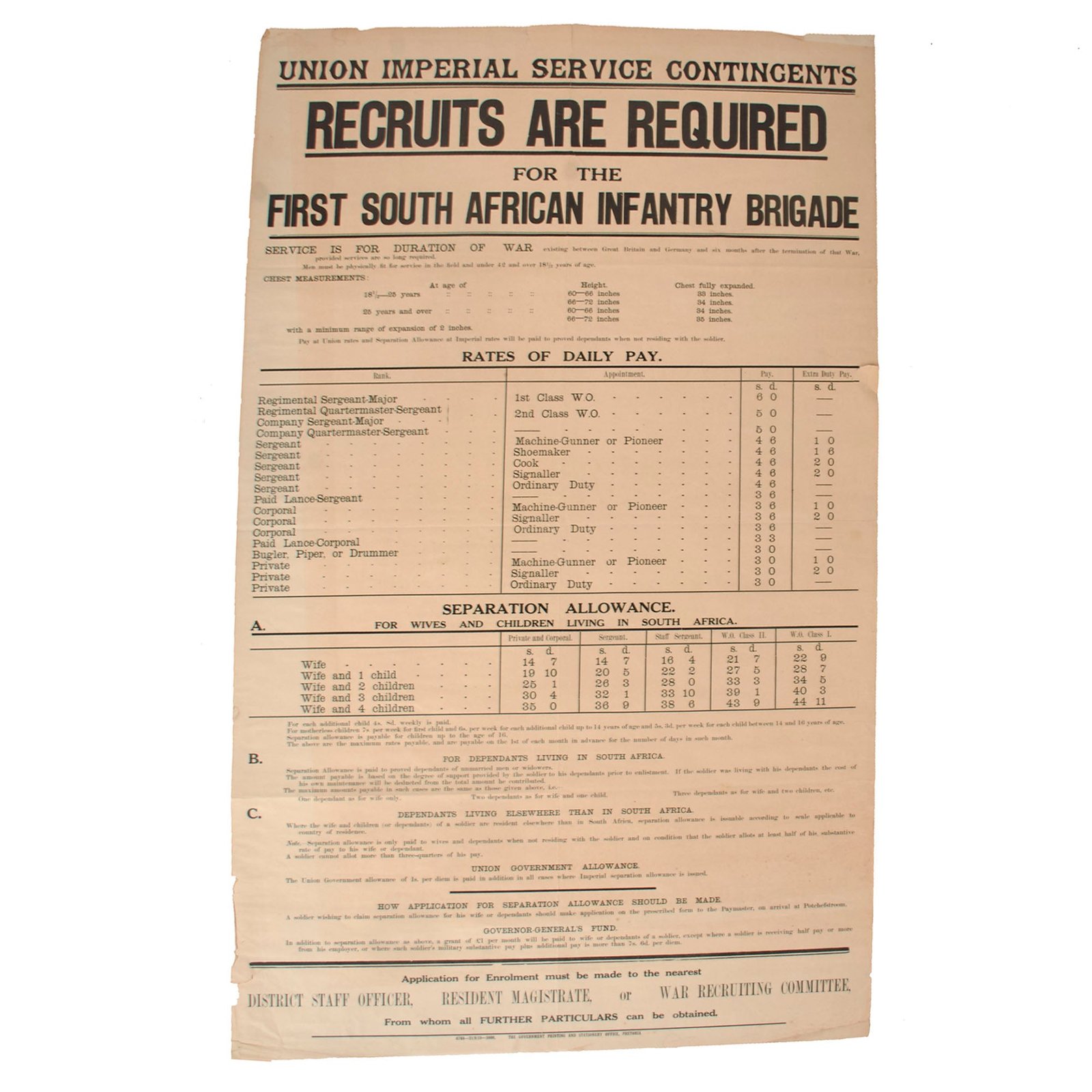 Buy Original South African WWI 1st South African Infantry Brigade Recruitment Poster - Printed at Pretoria - 25 ¼ x 40” | Original Firearms Antique For Sale
