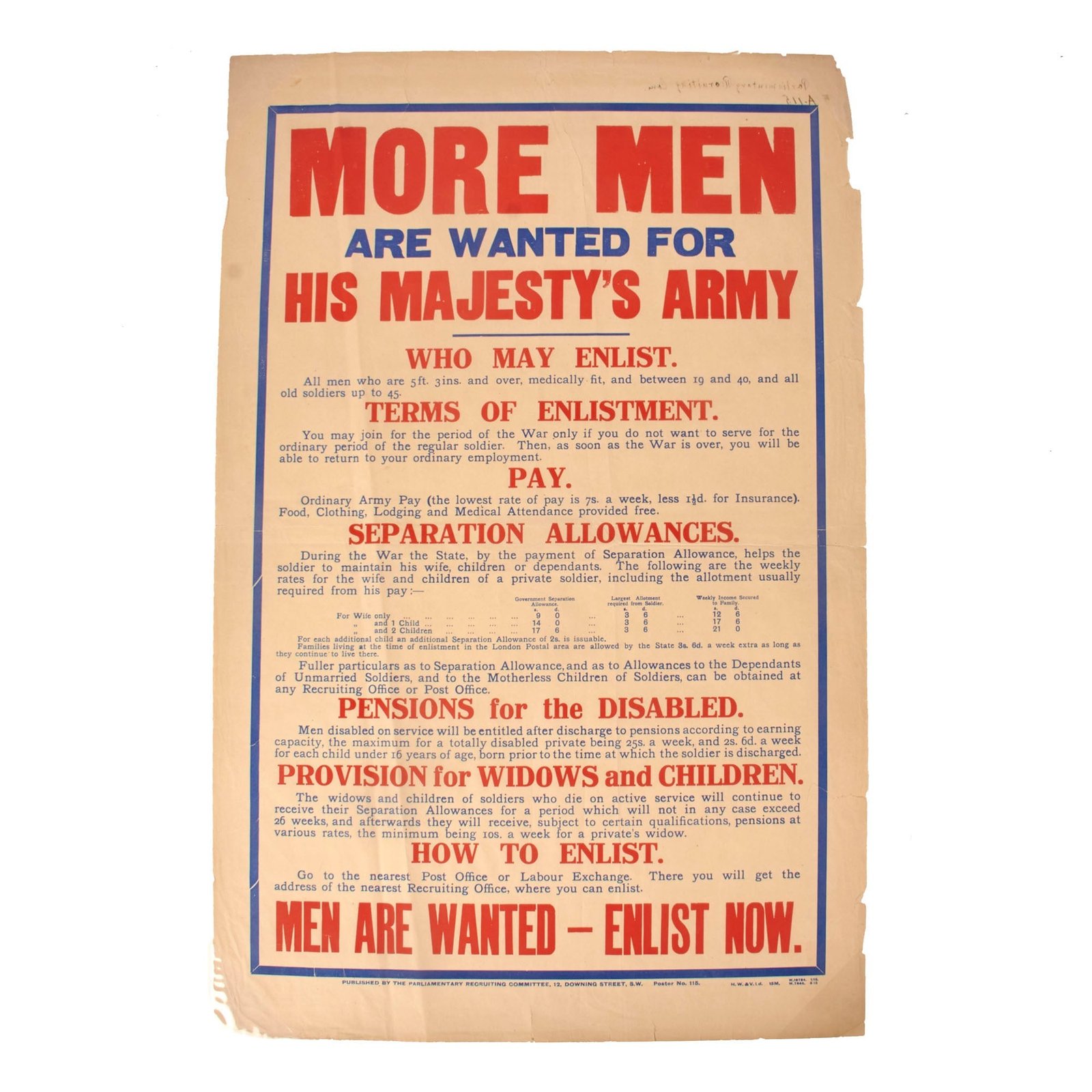 Buy Original British WWI Parliamentary Recruiting Committee Poster “More Men Are Wanted For His Majesty’s Army” - 32” x 21 ½” | Original Firearms Antique For Sale