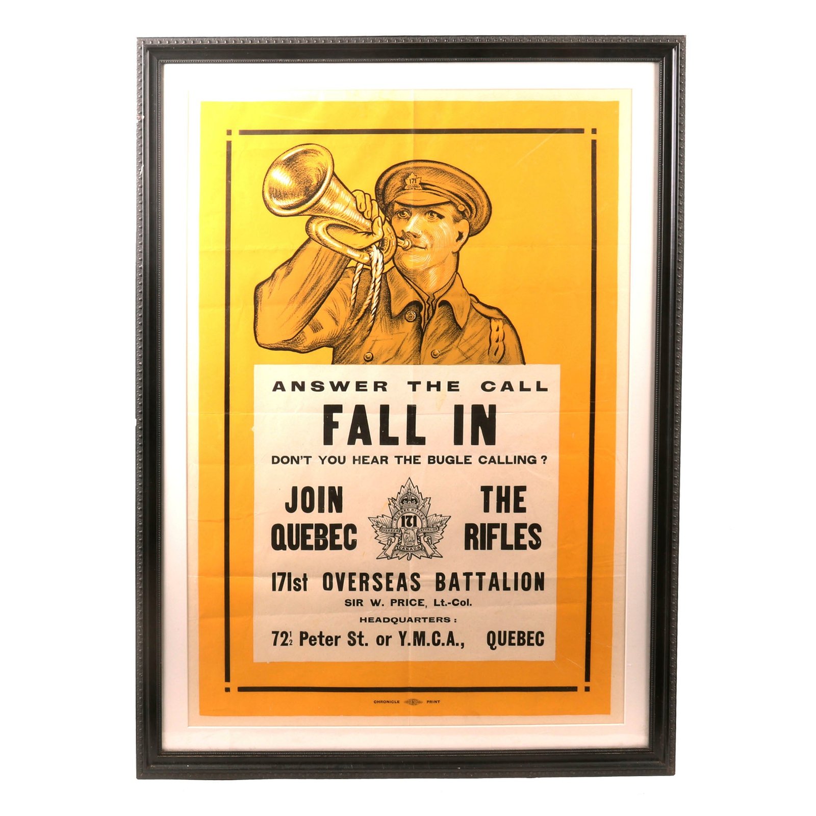 Buy Original Canadian WWI Framed Quebec Rifles 171st Overseas Battalion Recruitment Poster - Extremely Scarce - 26¼ x 36” | Original Firearms Antique For Sale