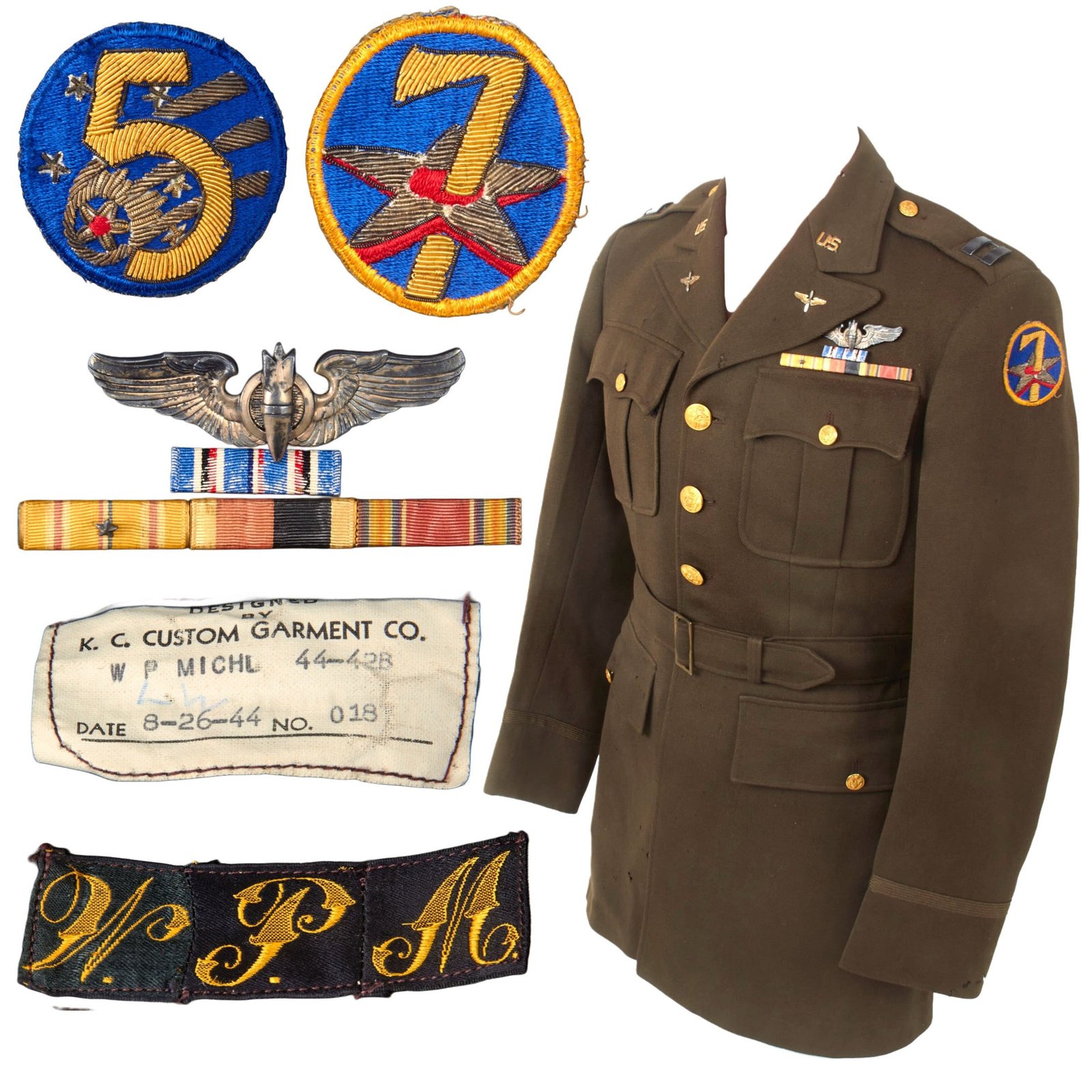 Buy Original U.S. WWII AAF Named Bombardier Captain’s Uniform with Theater-Made Bullion 5th & 7th Air Force Patches - W.P. Michl | Original Firearms Antique For Sale
