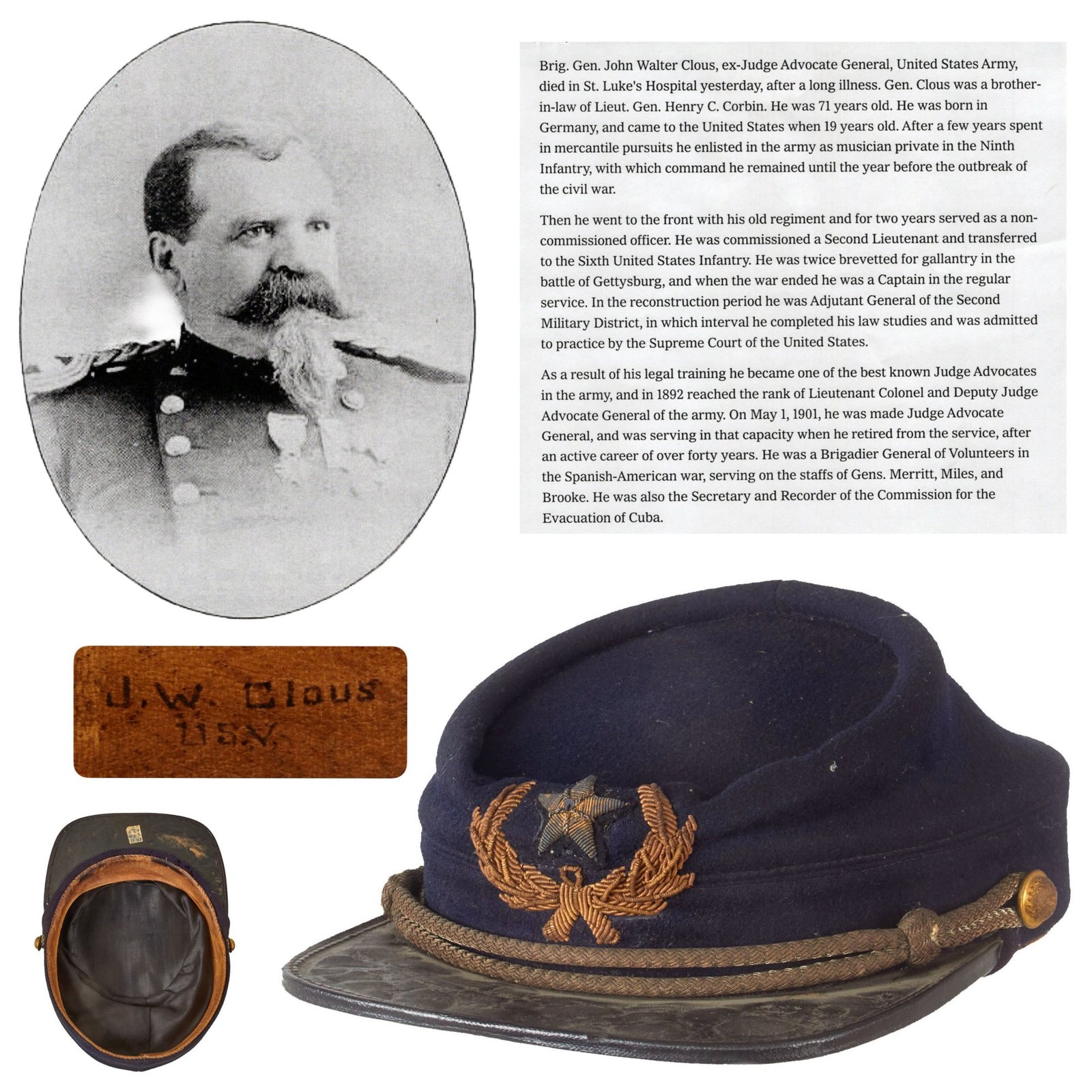 Buy Original U.S. Spanish-American War Named & Identified M1872 Kepi of Brigadier General John Walter Clous - Brevetted Twice for Gallantry at Gettysburg & Served on Staff of Generals Merritt, Miles, and Brooke in SAW | Original Firearms Antique For Sale
