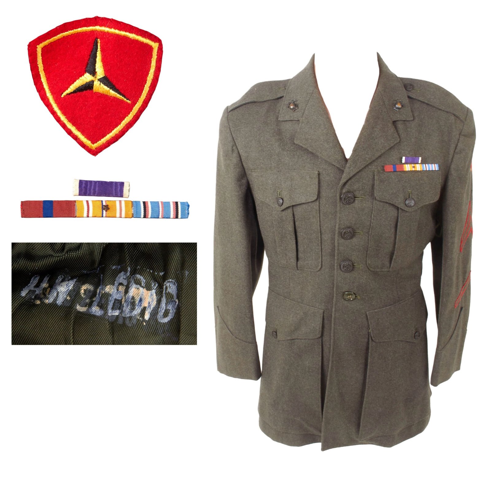 Buy Original U.S. WWII 3rd Marine Division Uniform Jacket with Ribbon Bar and Faint Name - Good Research Project | Original Firearms Antique For Sale