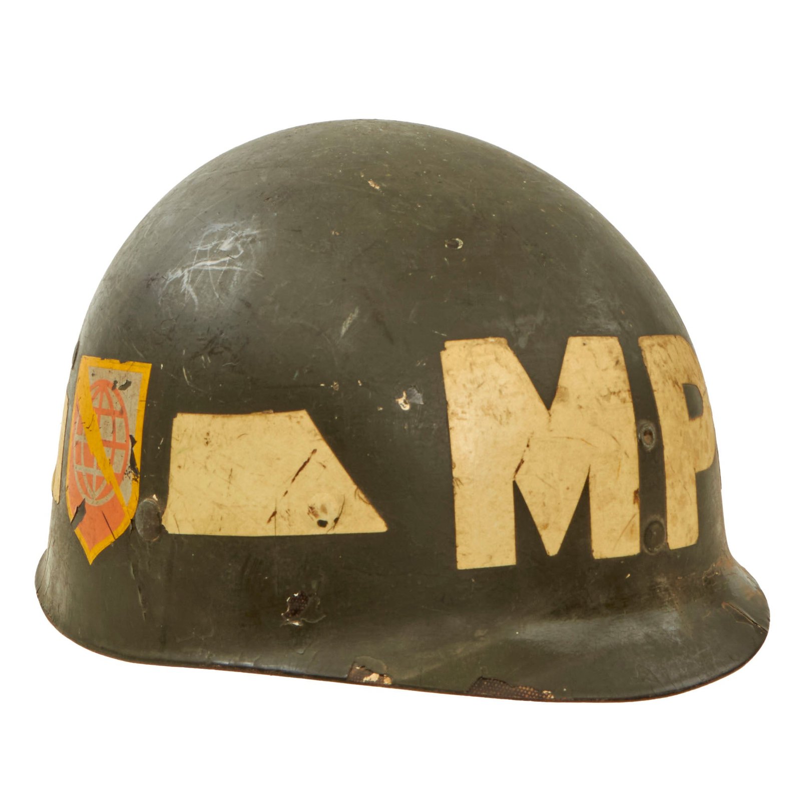 Buy Original U.S. Vietnam War 572nd Military Police Battalion Worn WWII M1 Helmet Liner by Westinghouse | Original Firearms Antique For Sale