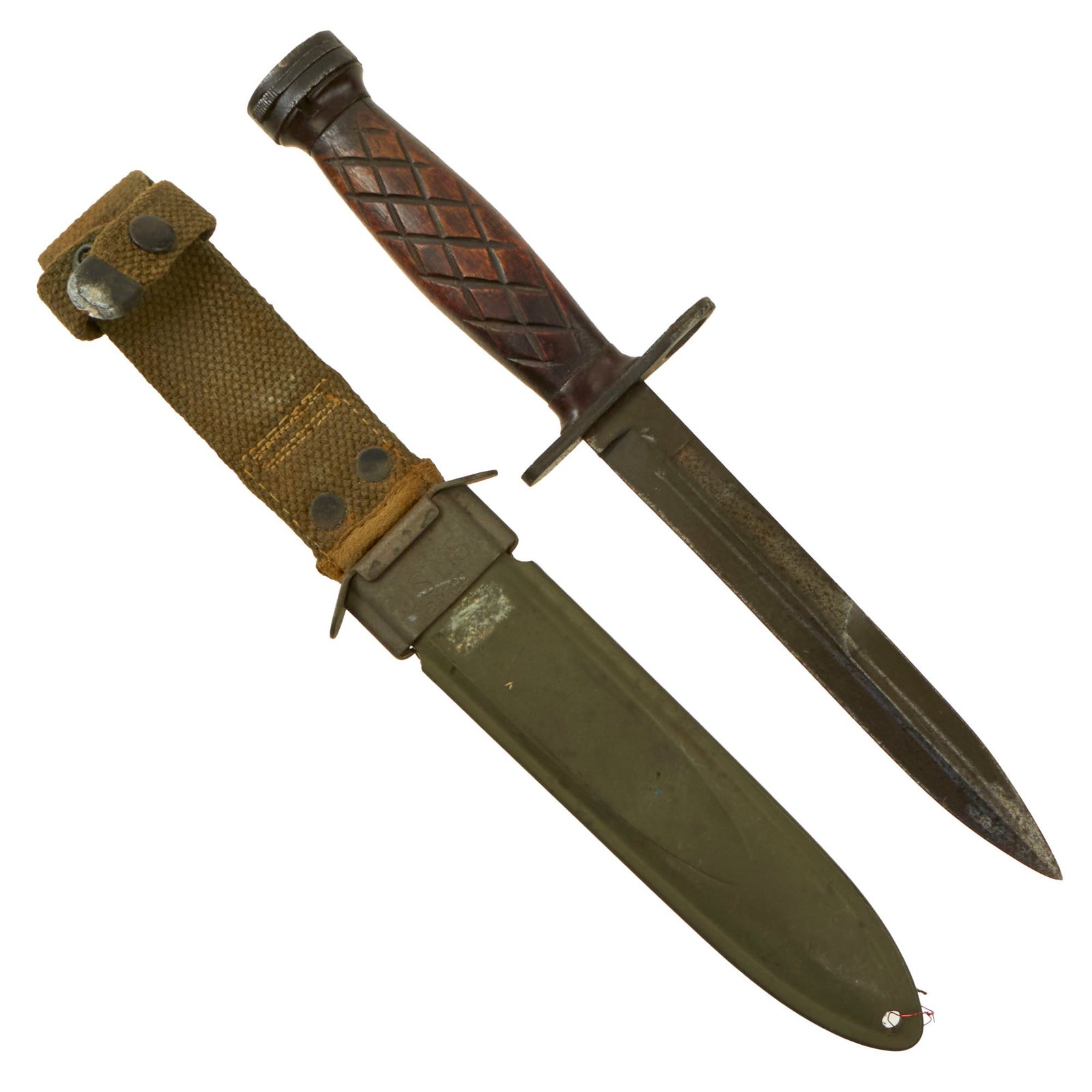 Buy Original U.S. WWII M4 Bayonet by Utica Cutlery for the M1 Carbine with Factory Variant Wooden Handle & M8 Scabbard by B.M. Co | Original Firearms Antique For Sale