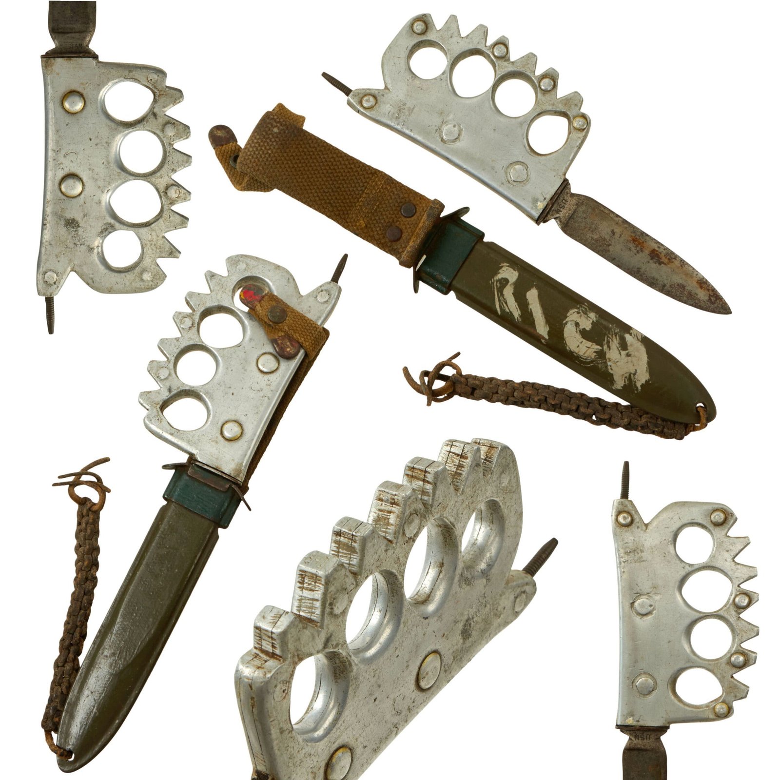 Buy Original U.S. WWII Theater-Made Navy Mark I Ka-Bar Fighting Knife Turned Knuckle Knife with M8 Scabbard & Braided Leather Thong | Original Firearms Antique For Sale