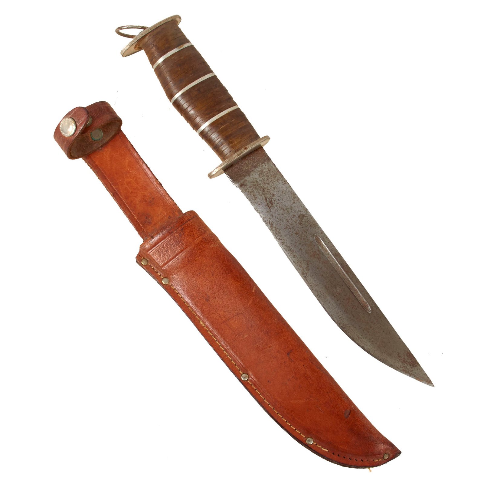Original WWII Large EG Waterman EGW Stacked Leather Grip Fighting Knife with Custom Handle & Sheath