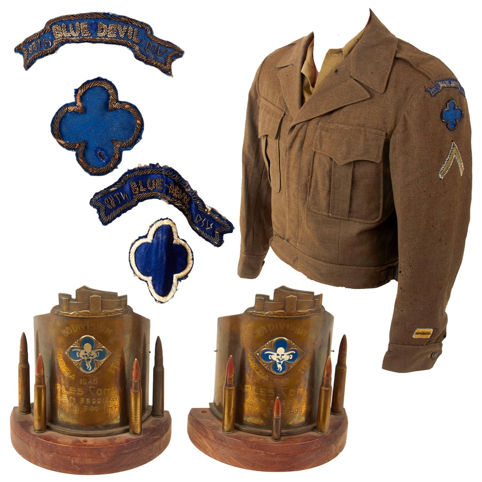Original U.S. WWII 88th Infantry Division Uniform & Trench Art Shell Group with Outstanding Painted Blue Devil Clovers - Pfc. Charles Conover, Co. F, 349th Infantry Regiment